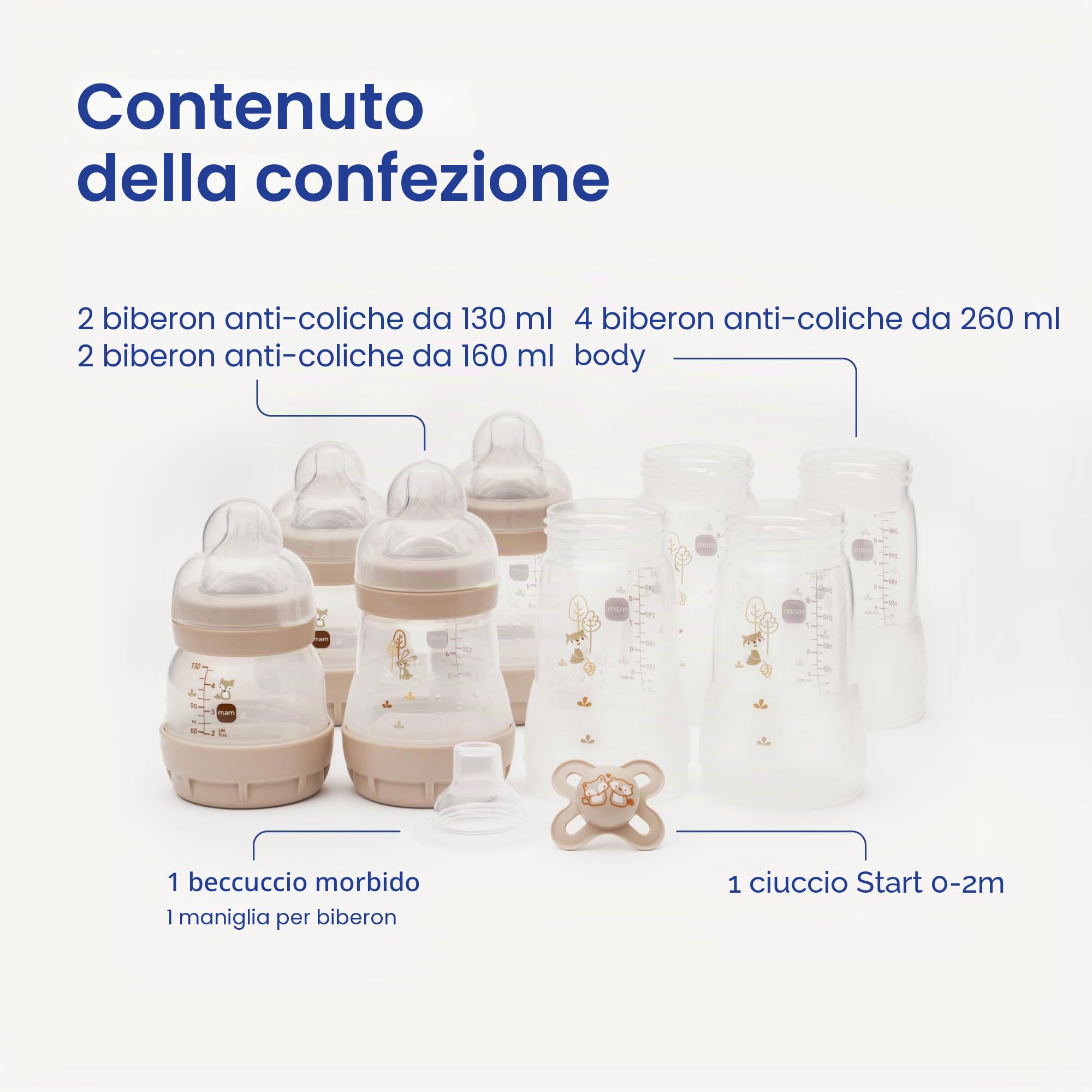 MAM Easy Start - Starter set autosterilizzante anti coliche, set biberon e succhietto, essenziali per neonati, blu (i disegni possono variare)