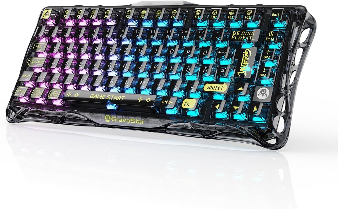 GravaStar Mercury K1 Lite QWERTZ Mechanisch Tastatur(DE Layout), 75% Gaming Tastatur Kabellos Tri-Mode(2,4GHz/Bluetooth/Kabel)，Hot Swap Gamer Tastatur, RGB Beleuchtung - Transparentes Schwarz