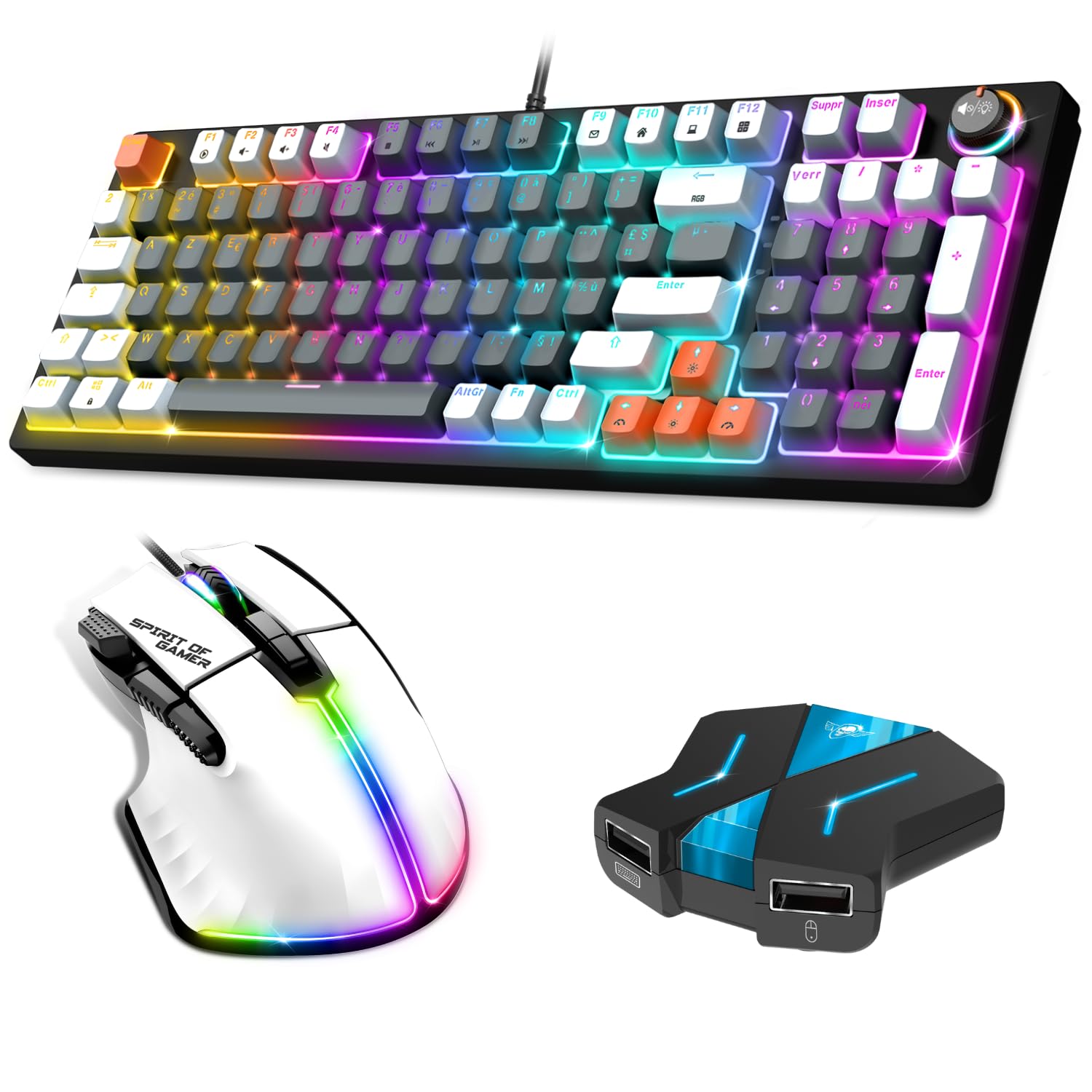 Spirit of Gamer, Pack Clavier Souris Gamer Filaire RGB + Convertisseur Mannette PS4/PS3/Switch 1 & 2, Clavier Mécanique AZERTY 97 Touches à Switch Marron, Souris 12800 DPI avec 8 Boutons Programmables