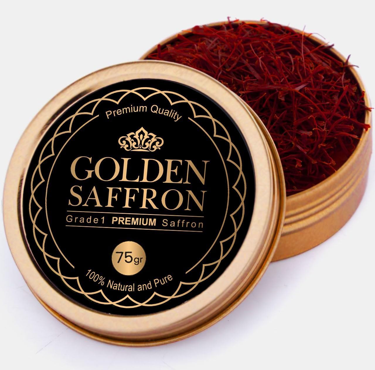 Golden Saffron, Finest Pure Premium All Red Saffron Threads, Grade A+ Super Negin, Non-GMO Verified. For Tea, Paella, Rice, Desserts, Golden Milk and Risotto (75.0 Grams)