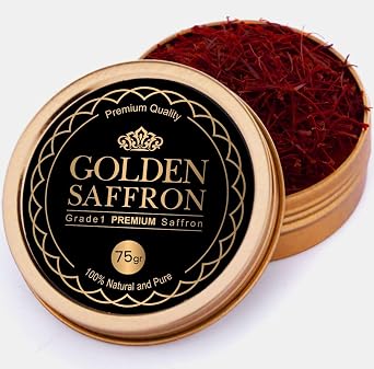 Golden Saffron, Finest Pure Premium All Red Saffron Threads, Grade A+ Super Negin, Non-GMO Verified. For Tea, Paella, Rice, Desserts, Golden Milk and Risotto 75.0 Grams