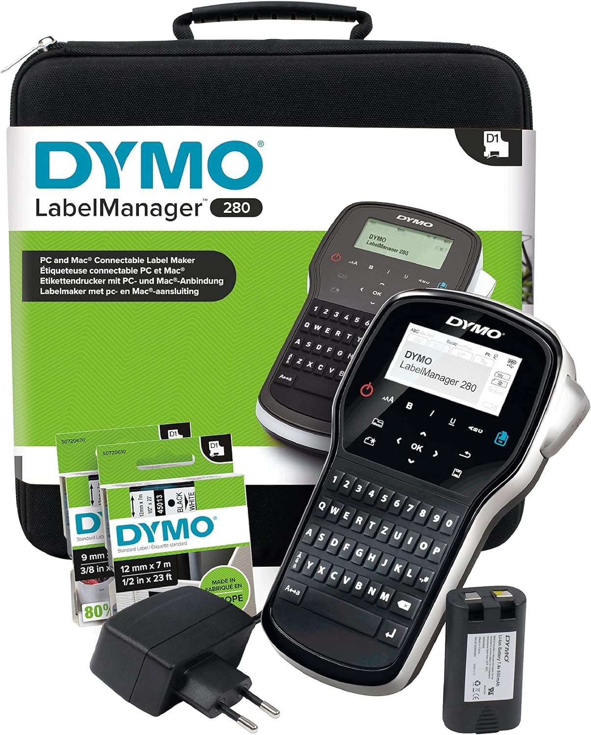 DYMO LabelManager 280 Tragbares Beschriftungsgerät im Koffer & Original D1-Etikettenband | schwarz auf weiß | 12 mm x 7 m