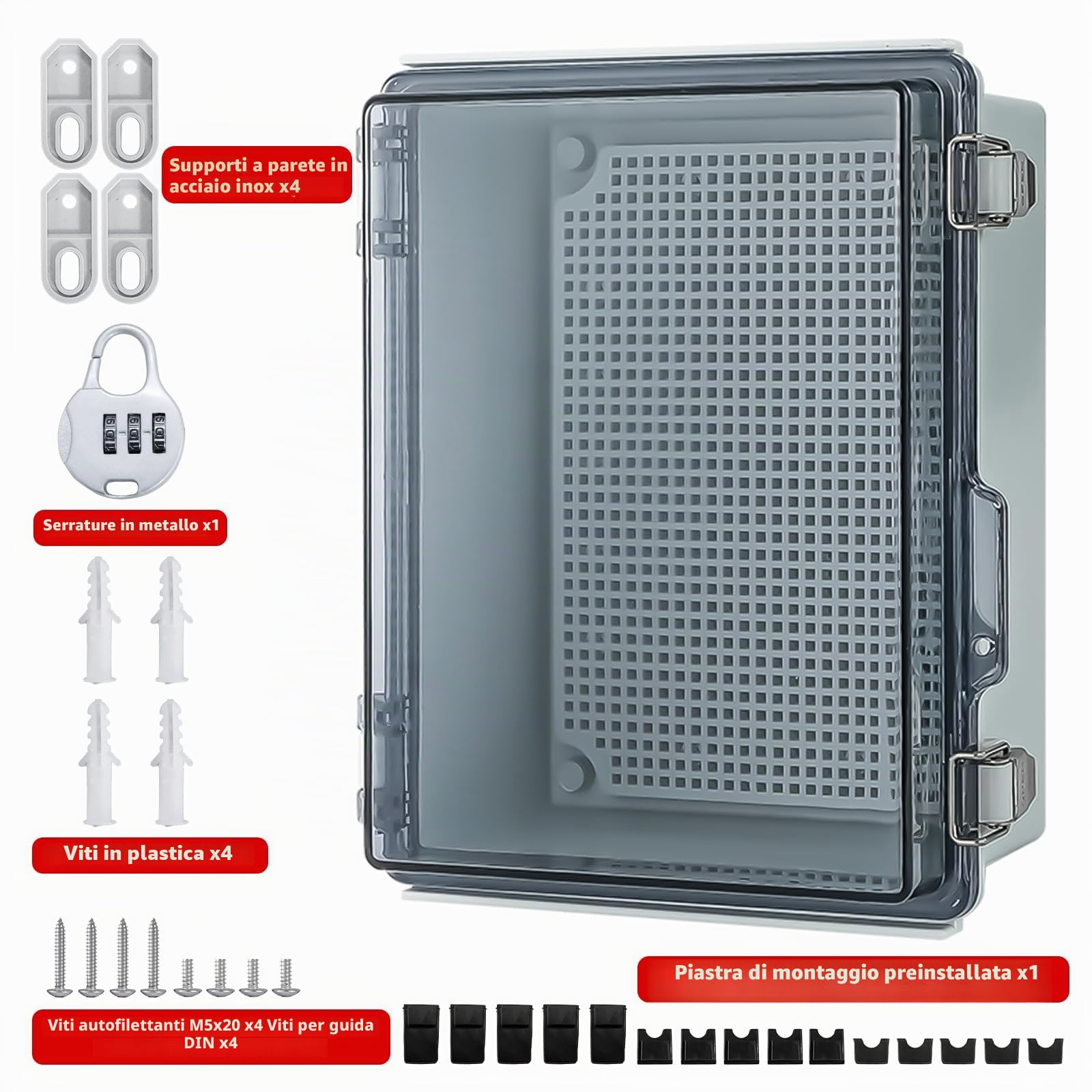 Scatola di giunzione impermeabile IP65 per esterni alloggiamento industriale armadio trasparente esterno con accessori montaggio a parete e serratura (29x19x14 cm)