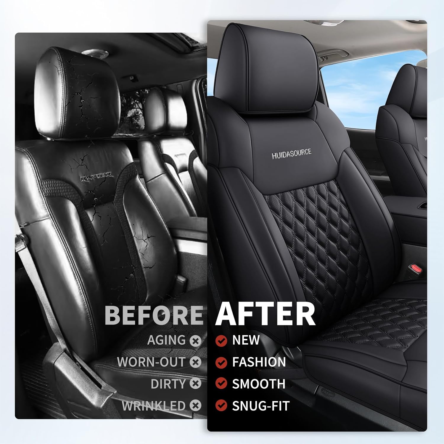 Huidasource Dodge Ram Seat Covers Full Set, Full Coverage Waterproof Leather Truck Seat Cushion Protector Custom Fit for 2009-2018 Ram 1500, 2010-2025 2500/3500 Crew Mega Cab(Full Set/Black)