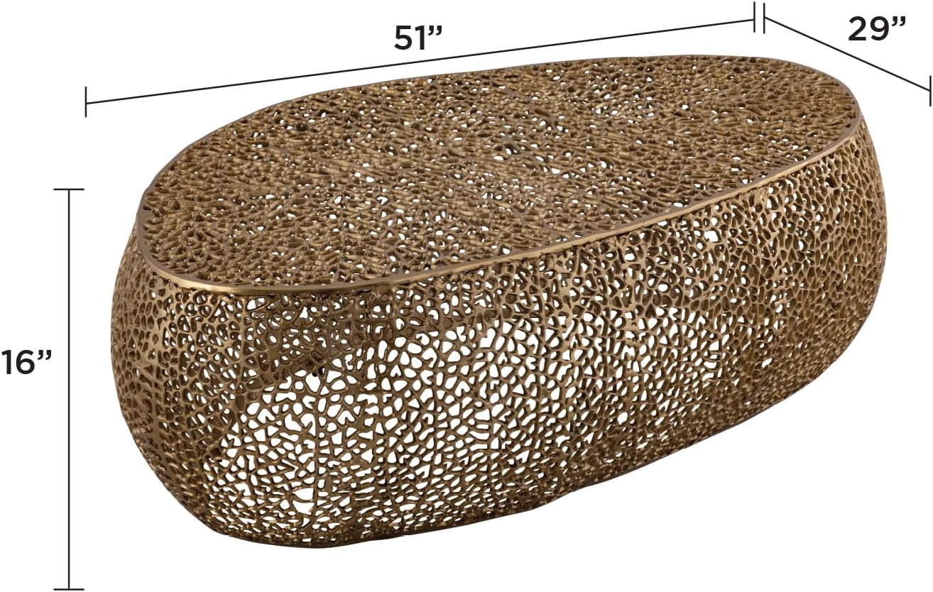 Modern Contemporary Oval-Shape 50" Coffee Table, Solid Aluminum intrigued Design, Mesh Cocktail Table, Creative Center Table for Living Room and Bedroom, Casted in Gold