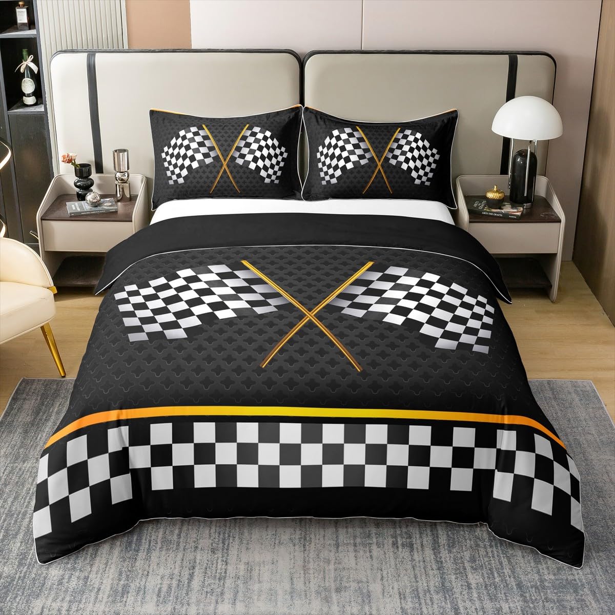 Castle Fairy Black White Checkered Flag 100% Organic Cotton Duvet Cover Set Racing Competition Comforter Cover Set for Kids Children Room Extreme