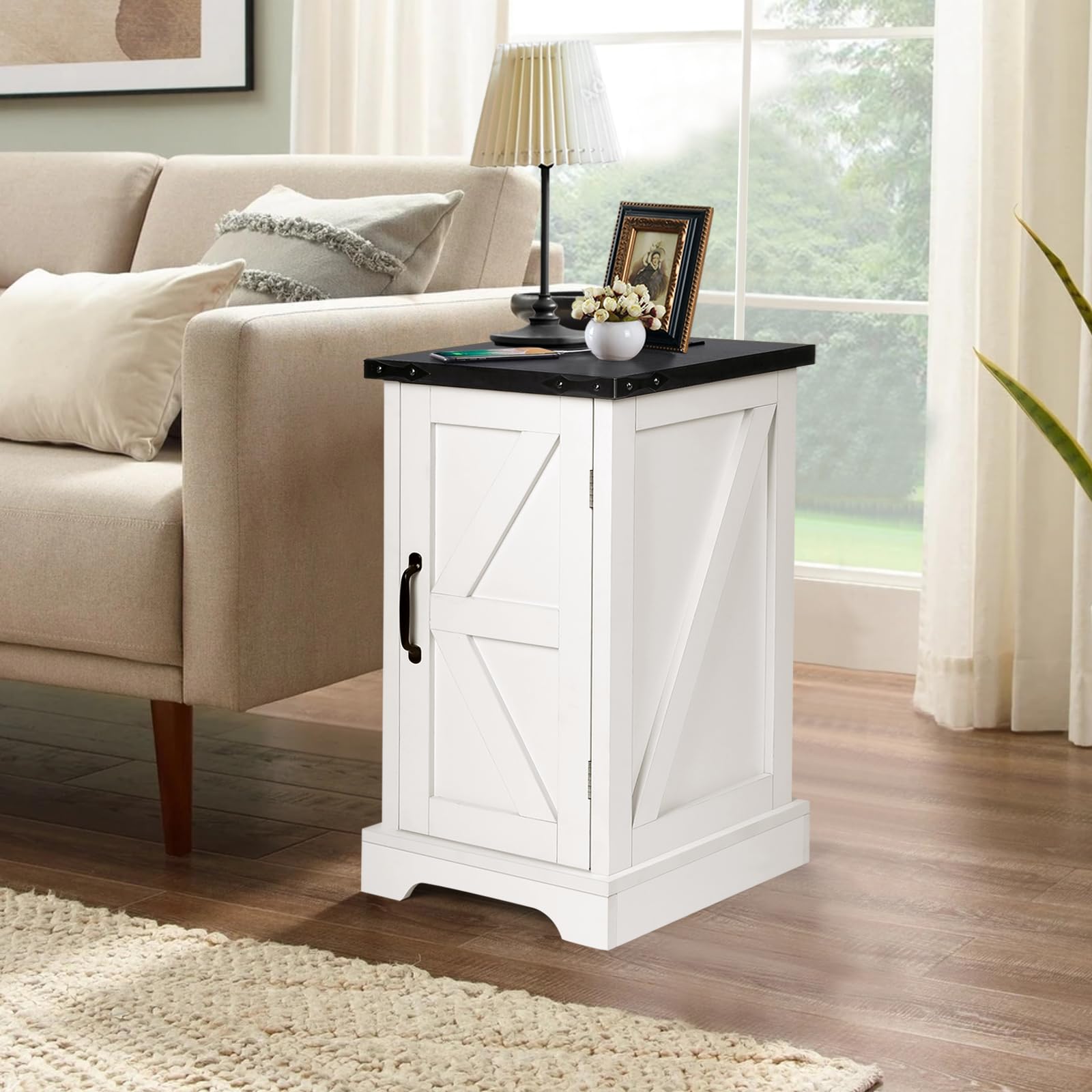 VOWNERFarmhouse Nightstand with Charging Station, 17" Rectangular End Table with Barn Door, Wood Rustic Sofa Side Table for Living Room, Bedroom, White