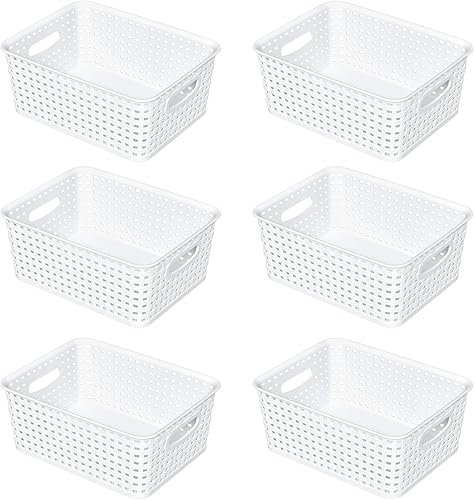 Miniatura 7 de Paquete de 6 cestas de almacenamiento de plástico tejidas, cestas de plástico blancas para despensa