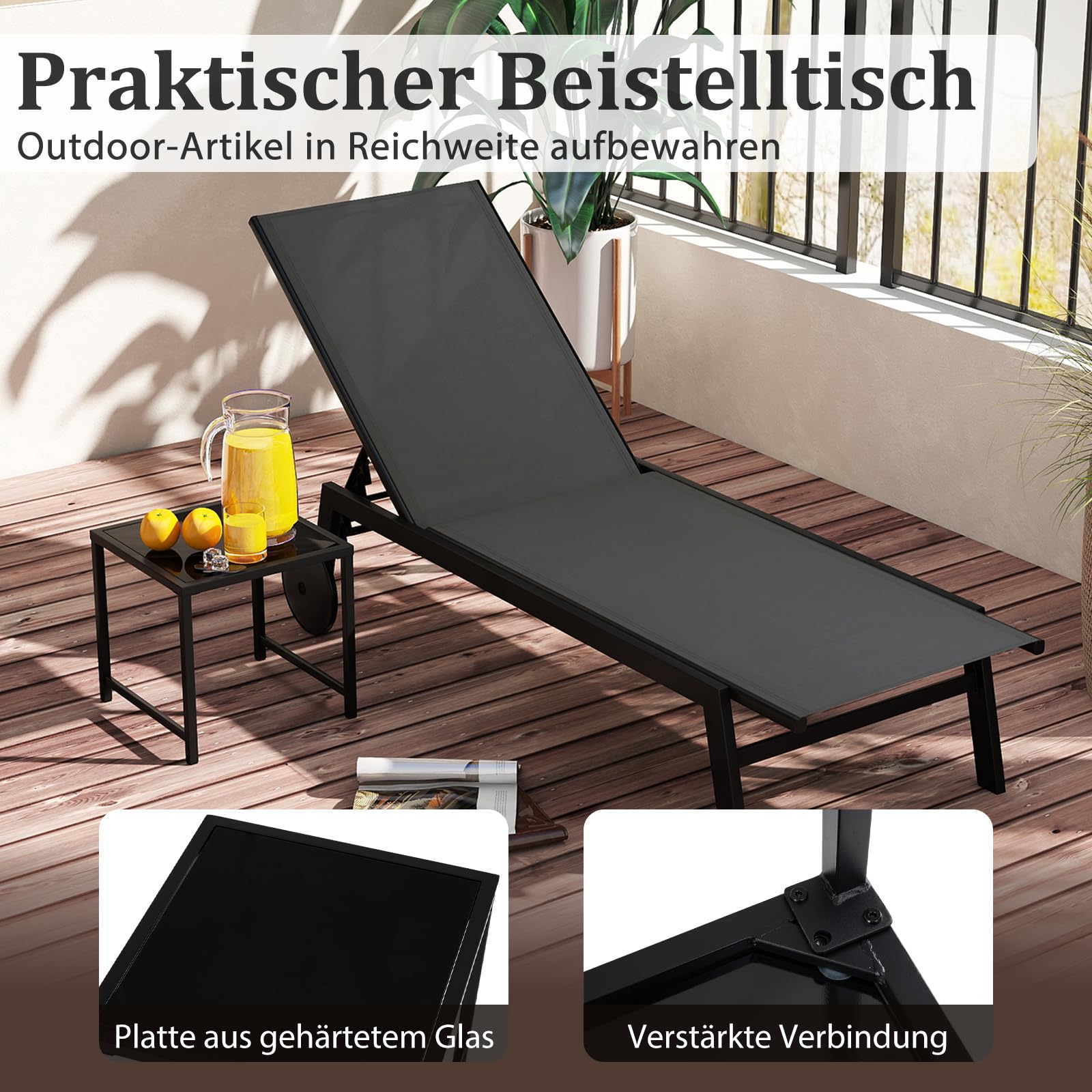 COSTWAY Sonnenliege mit Rollen und Beistelltisch, Gartenliege mit Verstellbarer Rückenlehne und schnelltrocknendem Stoff, Rollliege bis 150kg belastbar, Liegestuhl für Garten, Terrasse (Grau)