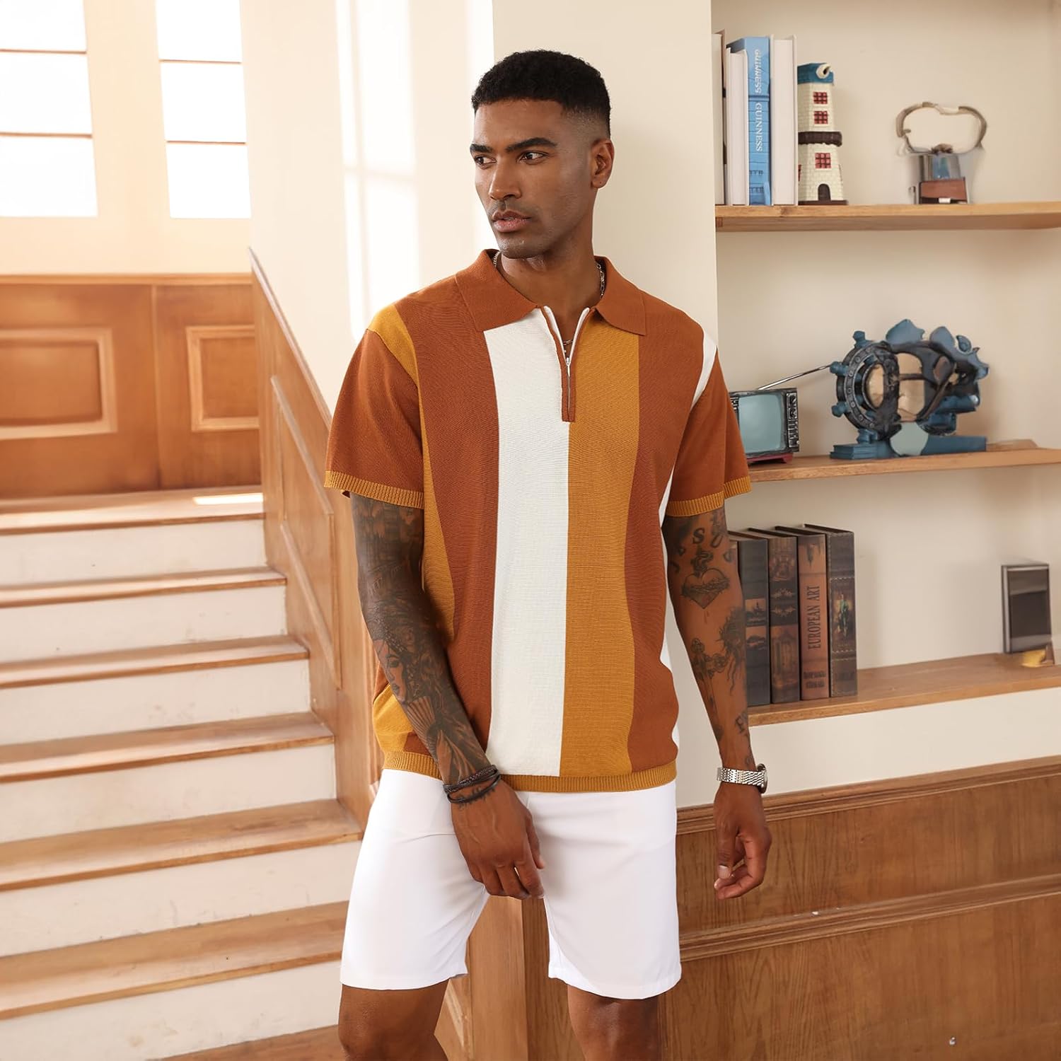 Men's Fashion Polo Shirts Vintage Striped Knitting Shirts Casual Slim Fit Golf Shirts - Image 4