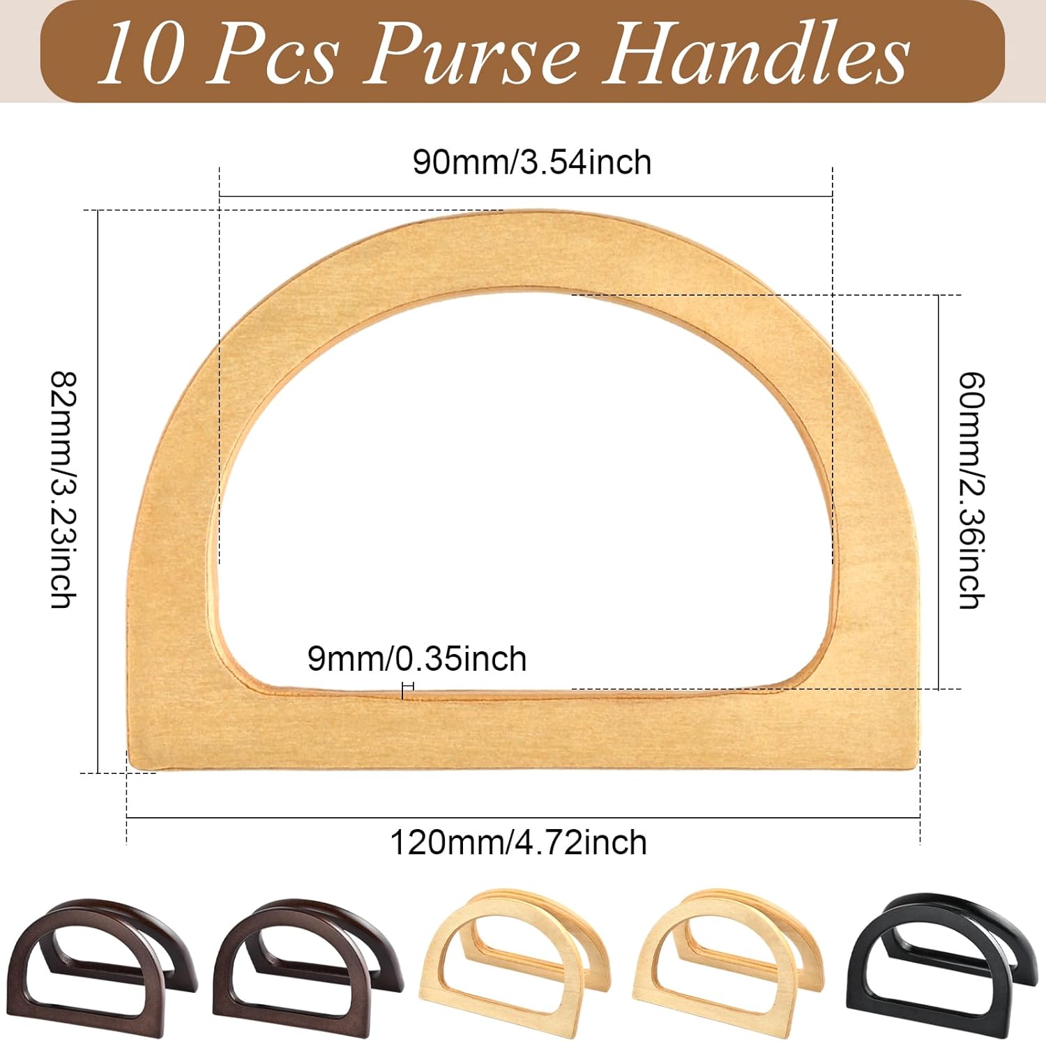 Worldity 10 Pcs Wooden Bag Handles for Bag Making, D Shape Purse Handles, Classic Purse Handles for Crochet Bags, Purse Making Supplies Purse Handles Replacement for Handmade Beach Crochet Bag - Image 3