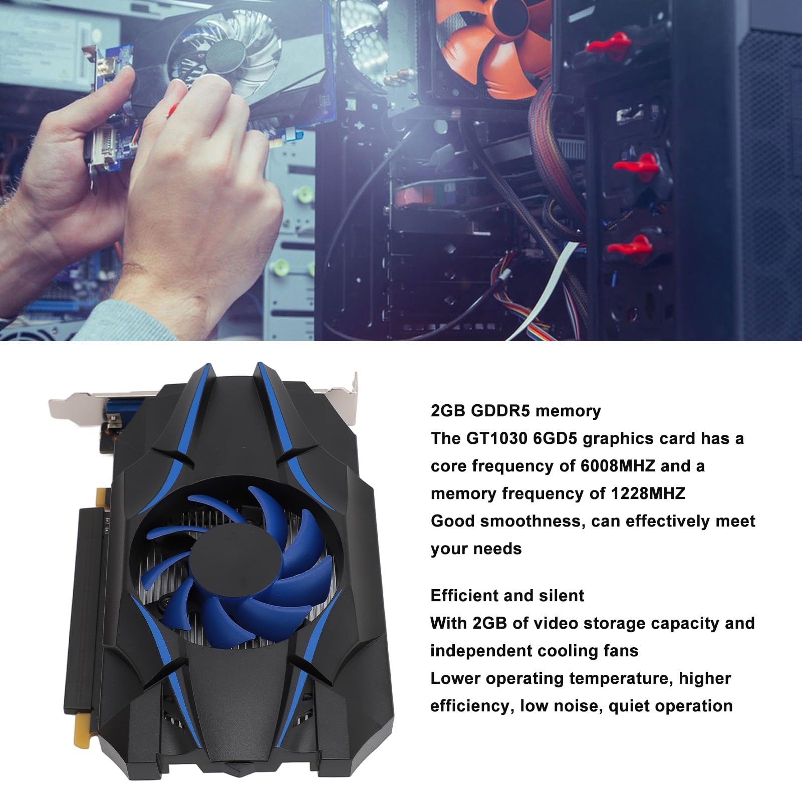 Denash Karta Graficzna GT1030 2GD5, 2 GB GDDR5 64-bitowy PCI Express 2.0 16X HD Multimedialna Karta Graficzna VGA do Gier z Wentylatorem Chłodzącym, do Komputerów Stacjonarnych Filmy