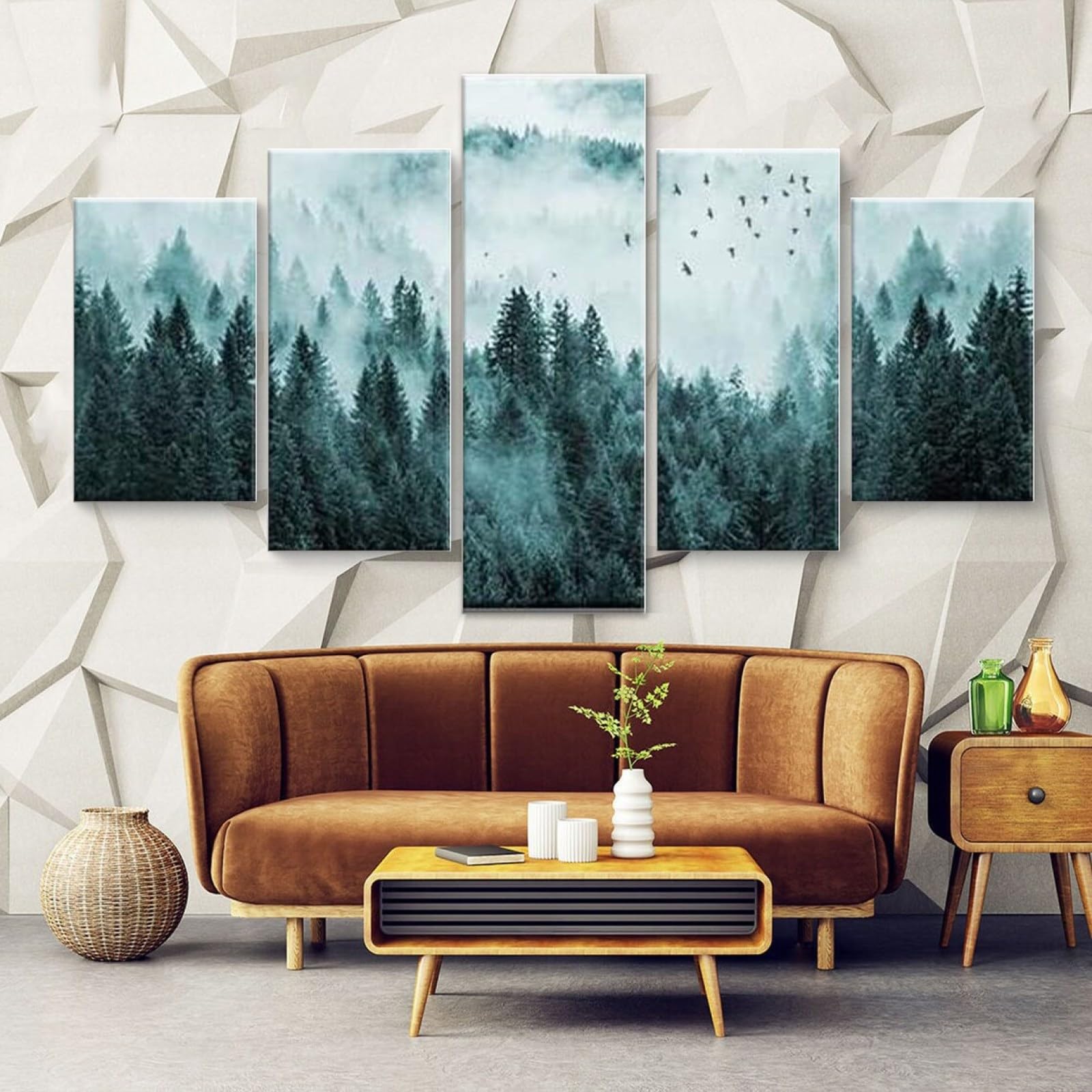 3D Wandaufkleber Kunst Malerei,moderne bilder wohnzimmer mit rahmen,kunstdruck auf leinwand,xxl bilder auf leinwand Bewaldeter Nebelkiefernwald am Berghang,leinwanddrucke 5 stück leinwand 150x80cm