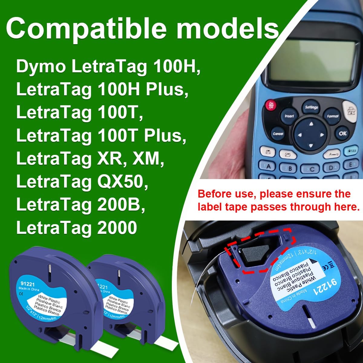 91221 S0721660 91201, confezione da 10 rulli, nastro plastico Compatibile con DYMO LetraTag nero su bianco da 12 mm x 4 m, compatibile with con stampanti di etichette LT-100H, LT110T, LT-100T.