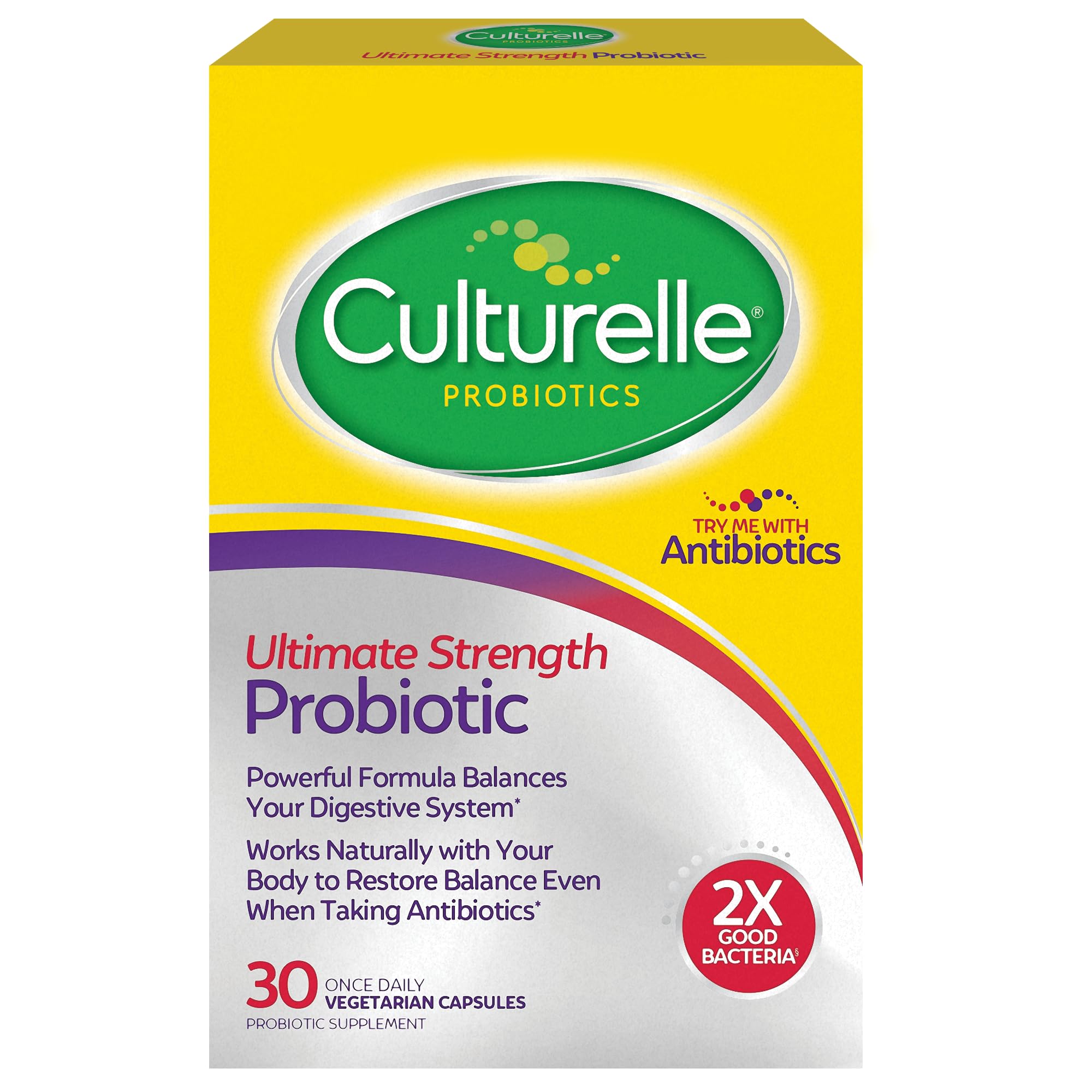 Culturelle Ultimate Strength Probiotic for Men and Women, Most Clinical Studyd Probiotic Strain, 20 Billion CFUs, unterstützt okziale Durchfall, Gas & Bloating, Non-GMO, 30 Count