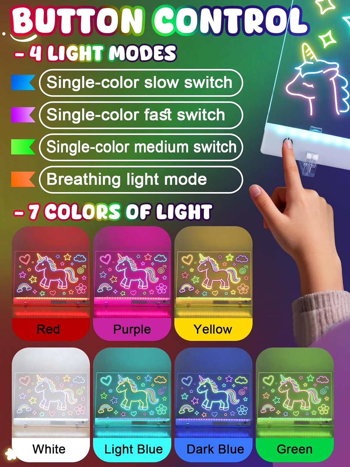 Light Up Led Drawing Board for Kids - Rechargeable 9.8"x13.8" Acrylic Led Note Board with 7 Colors & 4 Modes, Doodle Boards for Art Supplies, Birthday Gifts for Grandkids, 2 Pack
