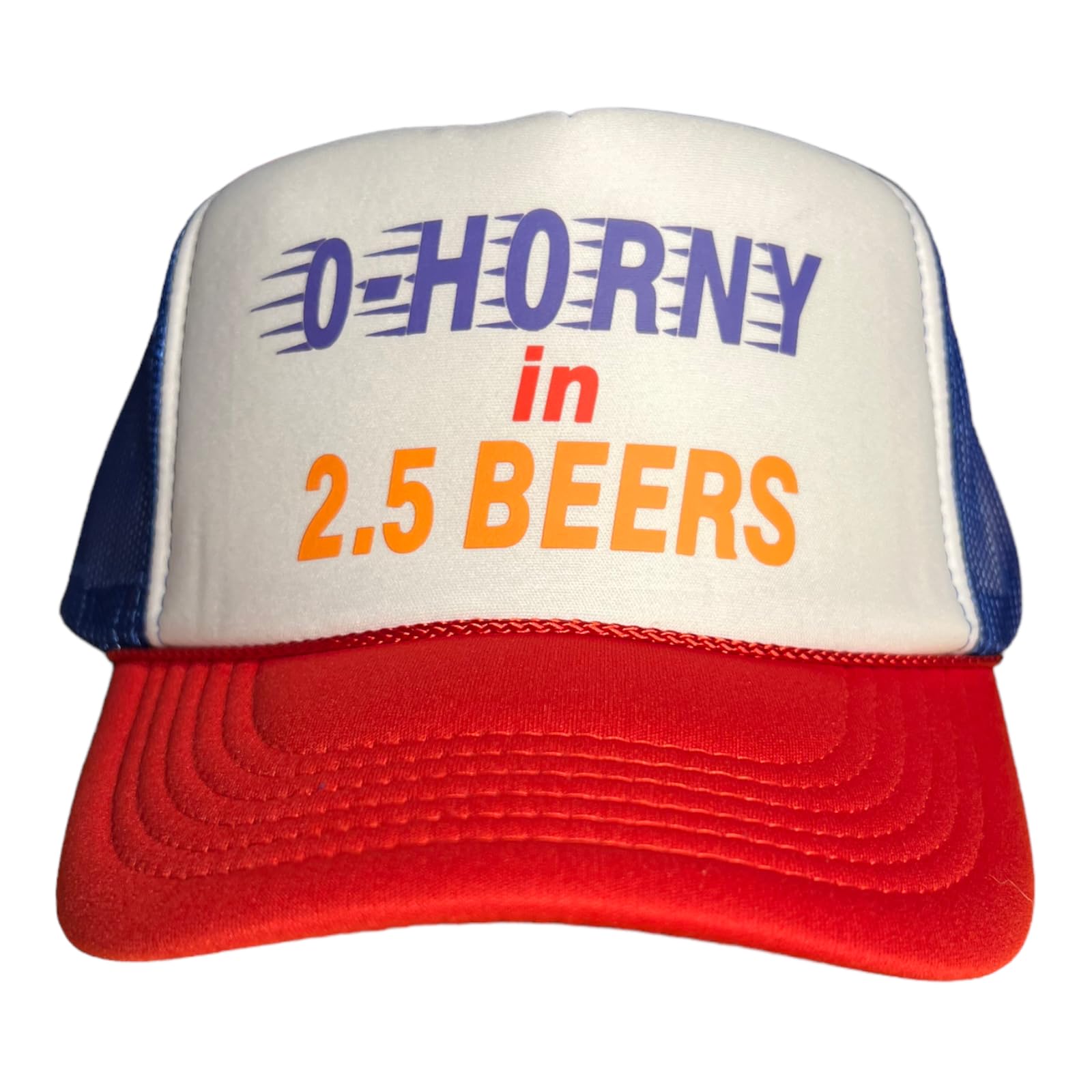 Funny Trucker Hats Unisex Blue 0-Horny In 2.5 Beers Snapback Trucker Hat For Men Or Women, Vintage Fit With Funny Novelty Graphic, Custom Mesh Cap, Large
