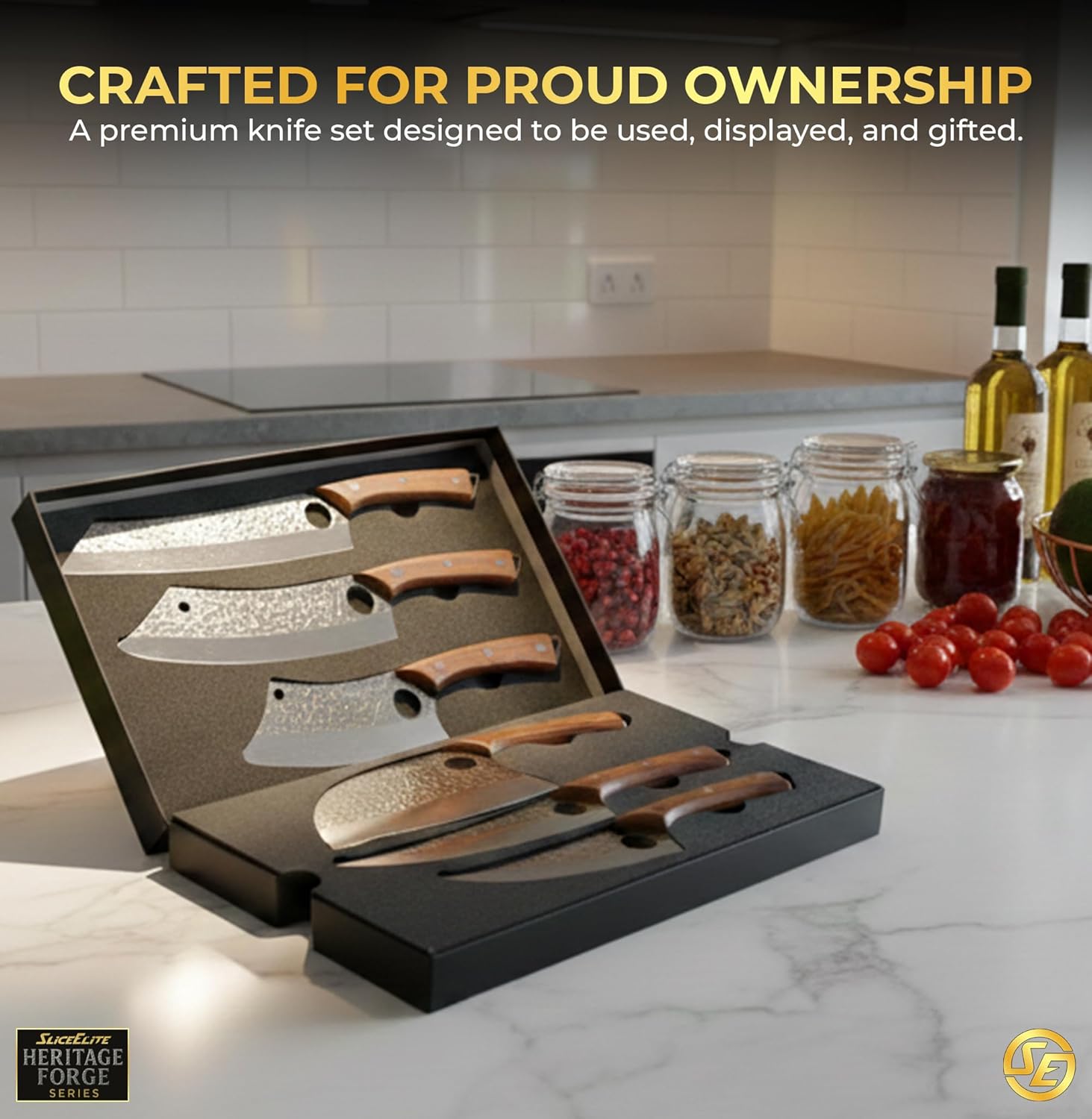 Heritage Forge 6 Piece Knife Set Serbian Knife Viking Knife Cleaver Boning Scimitar Kiritsuke Hand Forged High Carbon Steel Kitchen Butcher Knives for Meat Vegetables and Daily Prep