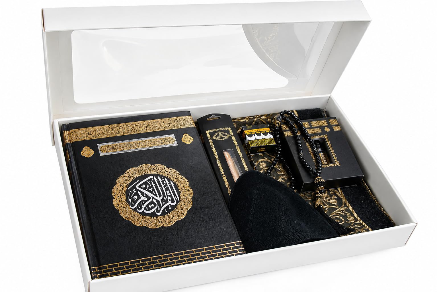 Caja de regalo islámica de lujo, juego de 7 piezas con cuentas de corán y oración Tesbih y alfombra de oración con diseño de Kaaba y palo Miswak y olor sólido y sombreros Kufi y Hacerül Esved