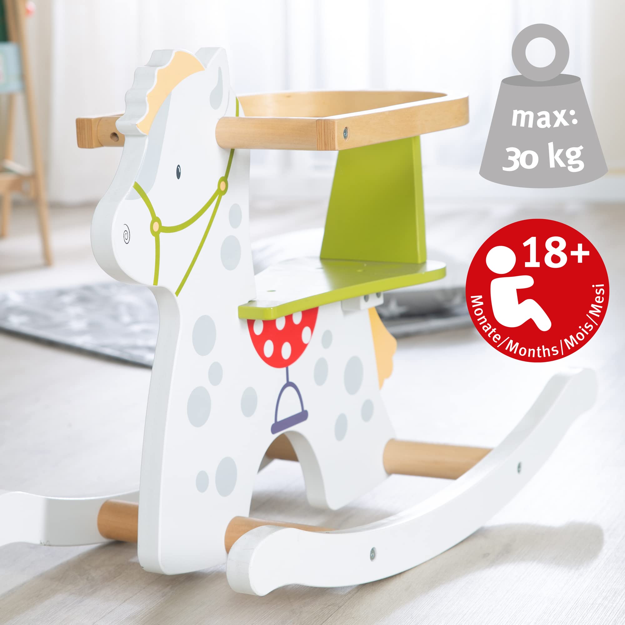 roba Cavallo a Dondolo Kleiner Racker - Anello di Protezione Rimovibile - per Bambini da 12 Mesi in Su - Ideale come Regalo di Compleanno e Natale - Legno Laccato Bianco
