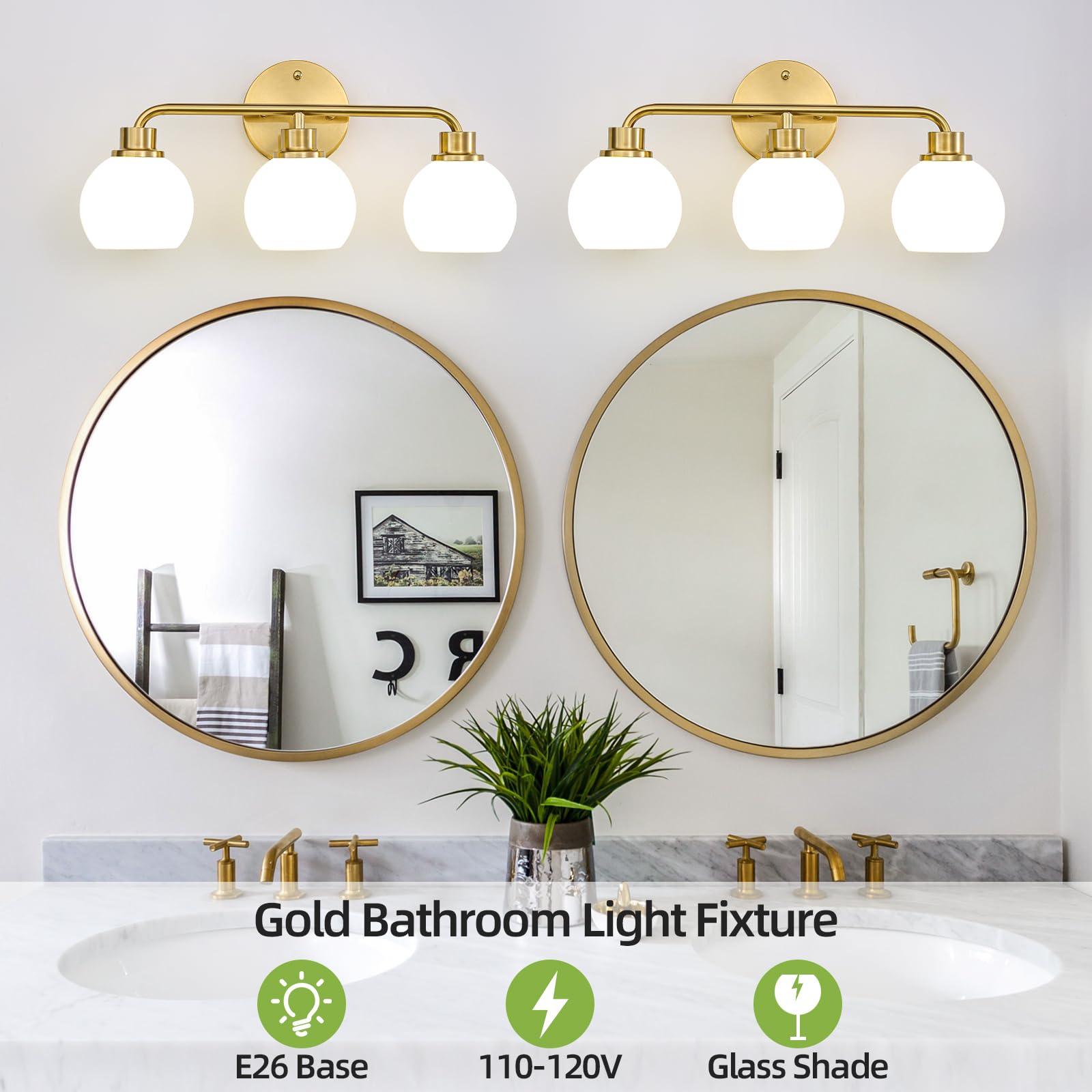 Bathroom Light Fixtures Gold Vanity Light 3 Light Wall Sconces Lighting Brushed Brass Lights with Milk Globe Glass Shades Bath Wall Lamp for Mirror Kitchen Living Room Bedroom Hallway