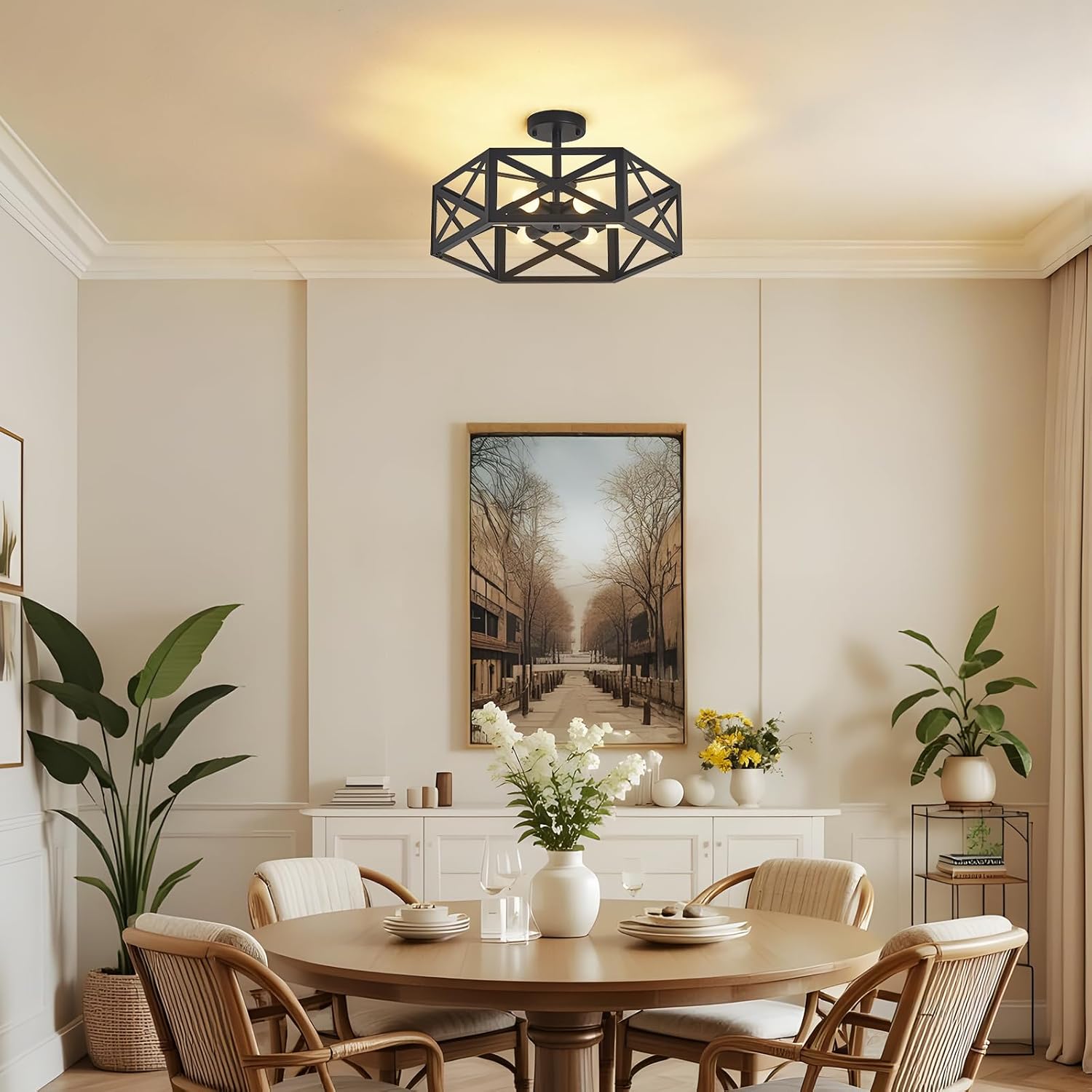 Modern Semi Flush Mount Ceiling Light with Remote Control,19.7" 6-Light Hexagon Flush Mount Ceiling Lights for Dining Room Light Fixture,Farmhouse Kitchen Island Lighting Fixtures for Hallway