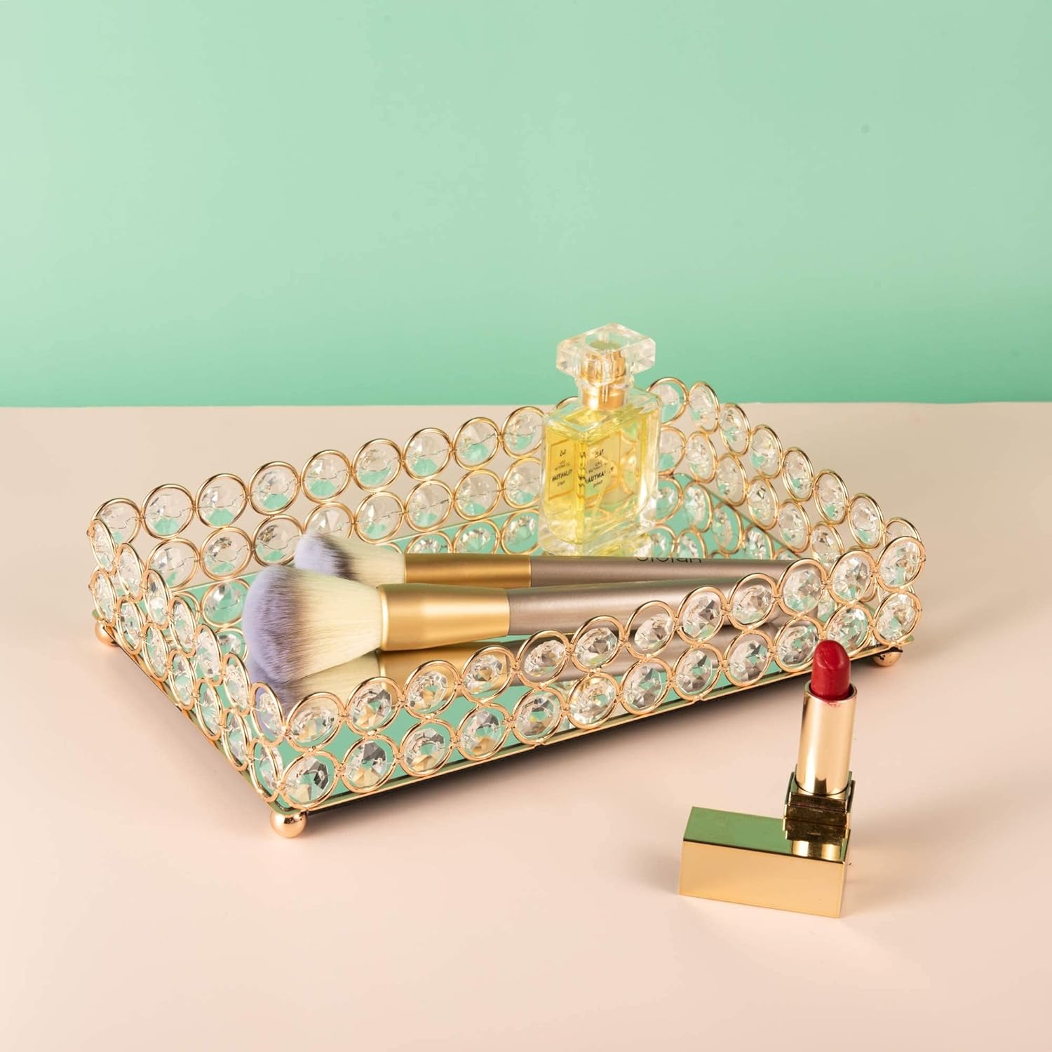 Feyarl 10 Inch Crystal Cosmetic Perfume Tray Vanity Makeup Jewelry Trinket Organizer Mirrored Decorative Tray Storage for Coffee Table Home Deco Wedding Dresser Birthday Gift (Gold)
