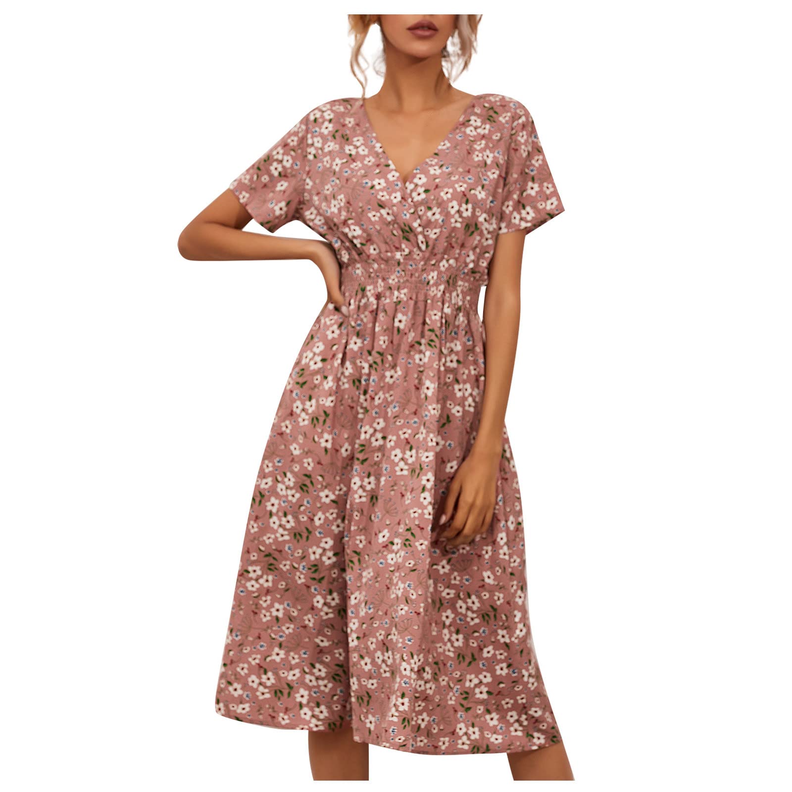 Generic Women's Dresses Floral Printed Boho Dresses Summer Swing V-Neck Short Sleeve Dress Maxi, S-XL