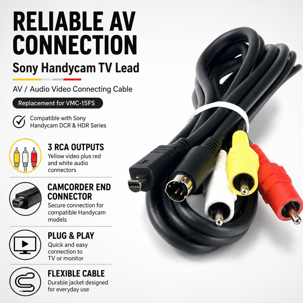 AAA PRODUCTS wysoka jakość - przewód telewizyjny do kamery Sony Handycam - AV/AUDIO VIDEO kabel łączący - zamiennik do VMC-15FS