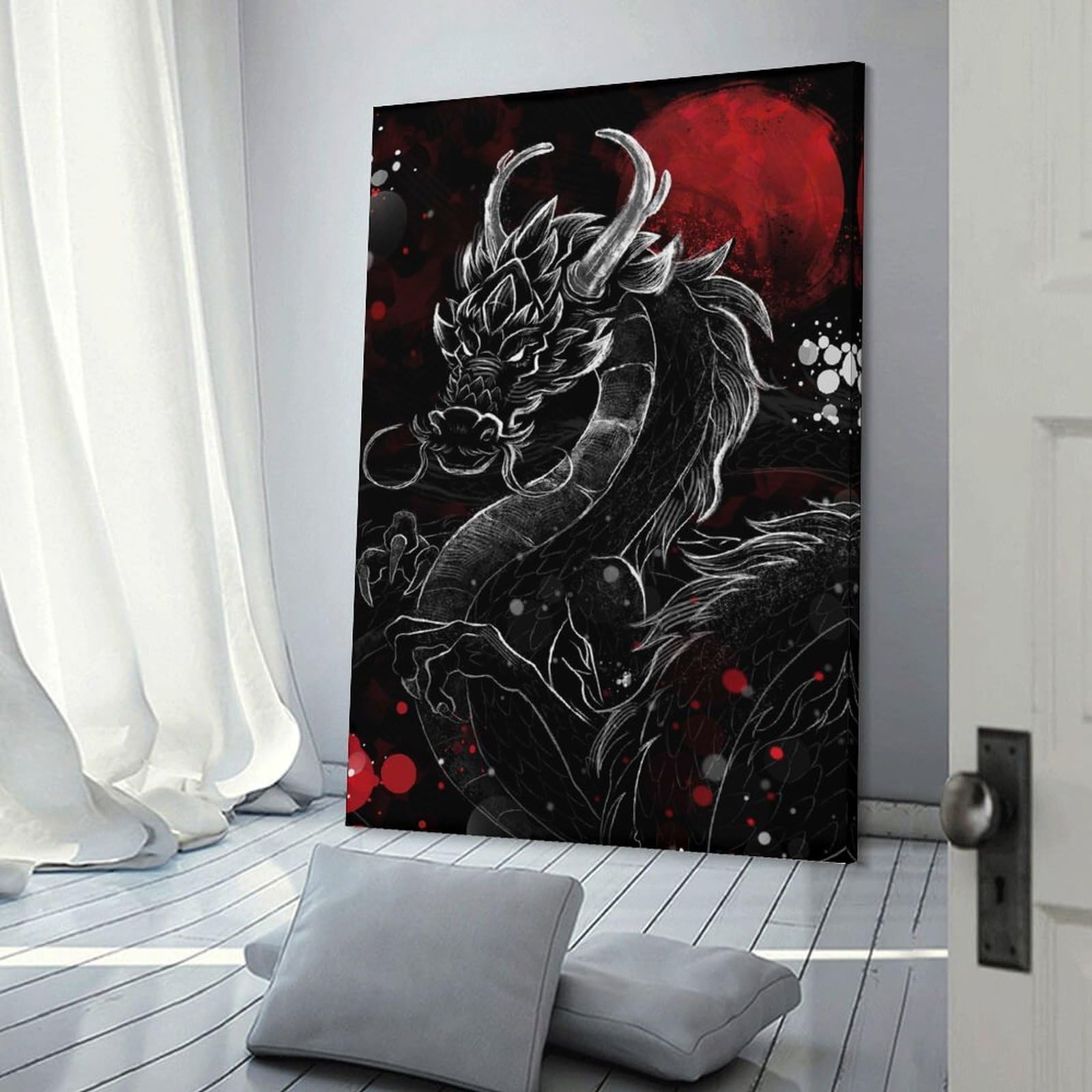 Junmoney Dragon with Red Moon Digital Art Hanging Wall Art, 20x30inch(50x75cm), for Bedroom Walls, Guest Spaces Or Lounges, An Easy Wall Refresh for Bedrooms