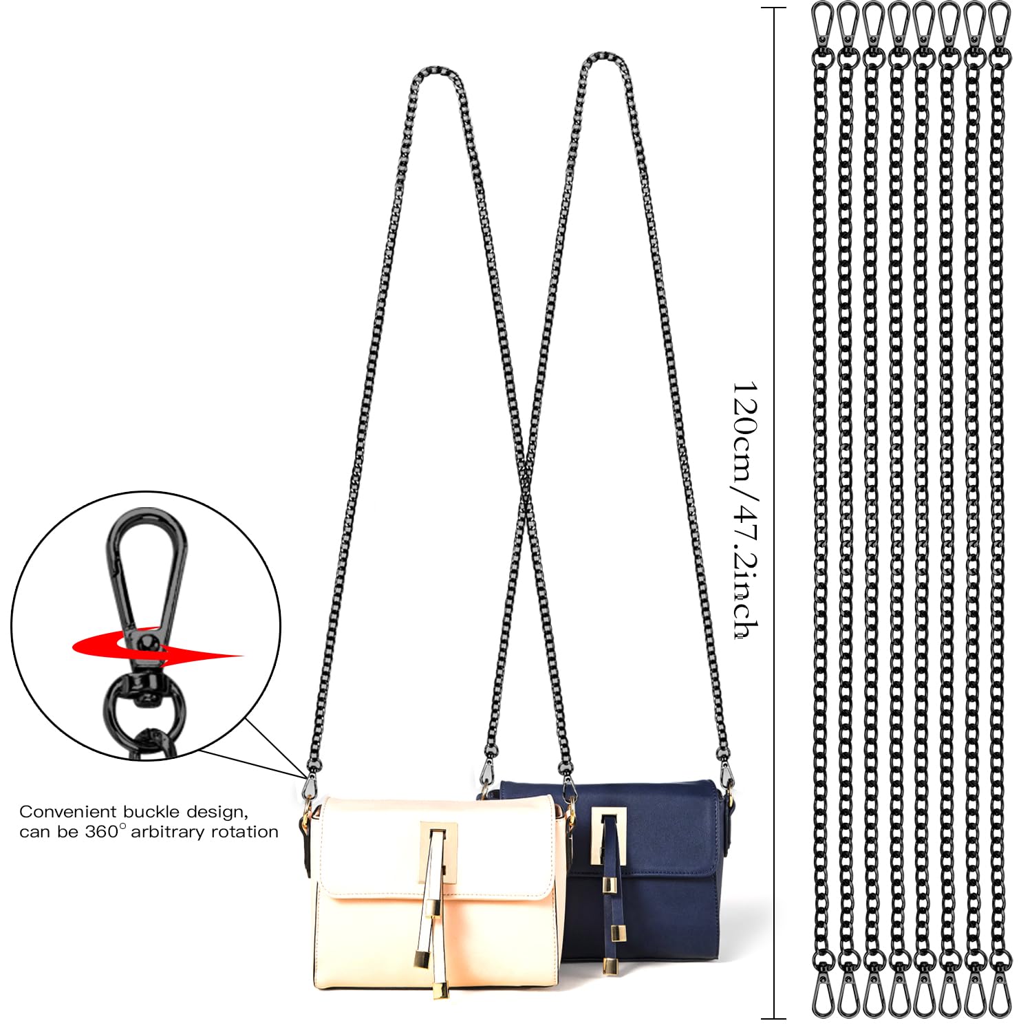 Cadena de repuesto para bolso, paquete de 8 cadenas de cartera, bolsa de hombro, cadena de bolso, cadena de hombro para bricolaje, bolsa cruzada de metal (47 pulgadas/piezas) (negro)