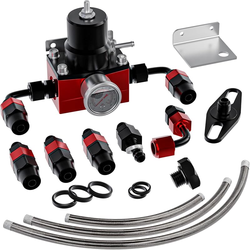 Kit de regulador de pressão de combustível EFI Plobeda com retorno bypass, manômetro de 0 a 100 psi, conexões 6AN e mangueira – Vermelho