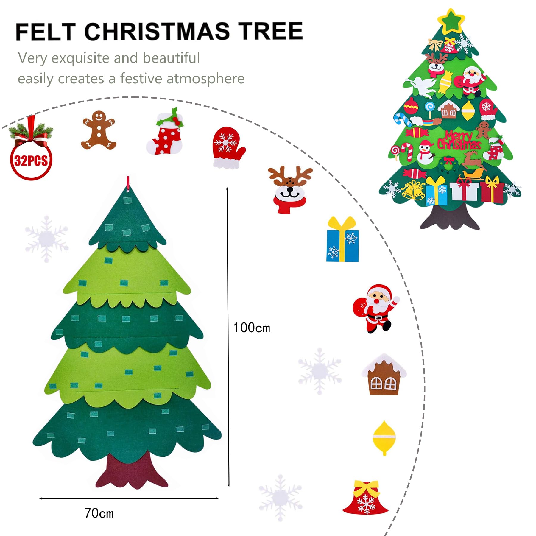 CLHXWU Feltro Albero Natale,100 cm Alto Albero di Natale in Feltro per Bambini,DIY Albero Natale Feltro Con 32 Staccabili Ornamenti Natalizio,Regali di Natale per Bambini (A)
