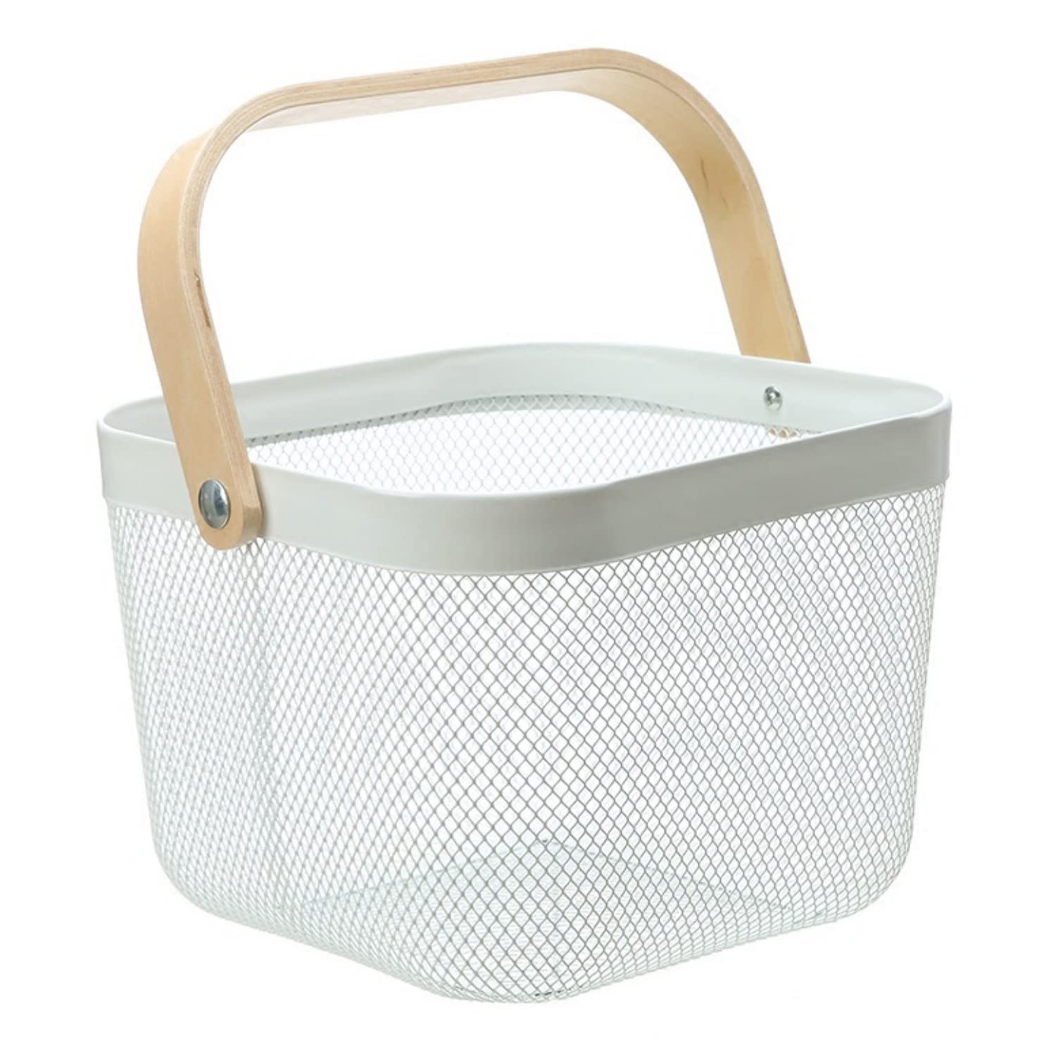 Metal Basket Storage Organizer, Multi-functional Basket with Bamboo Handle for Home Kitchen Picnic Shopping Decoration (White)