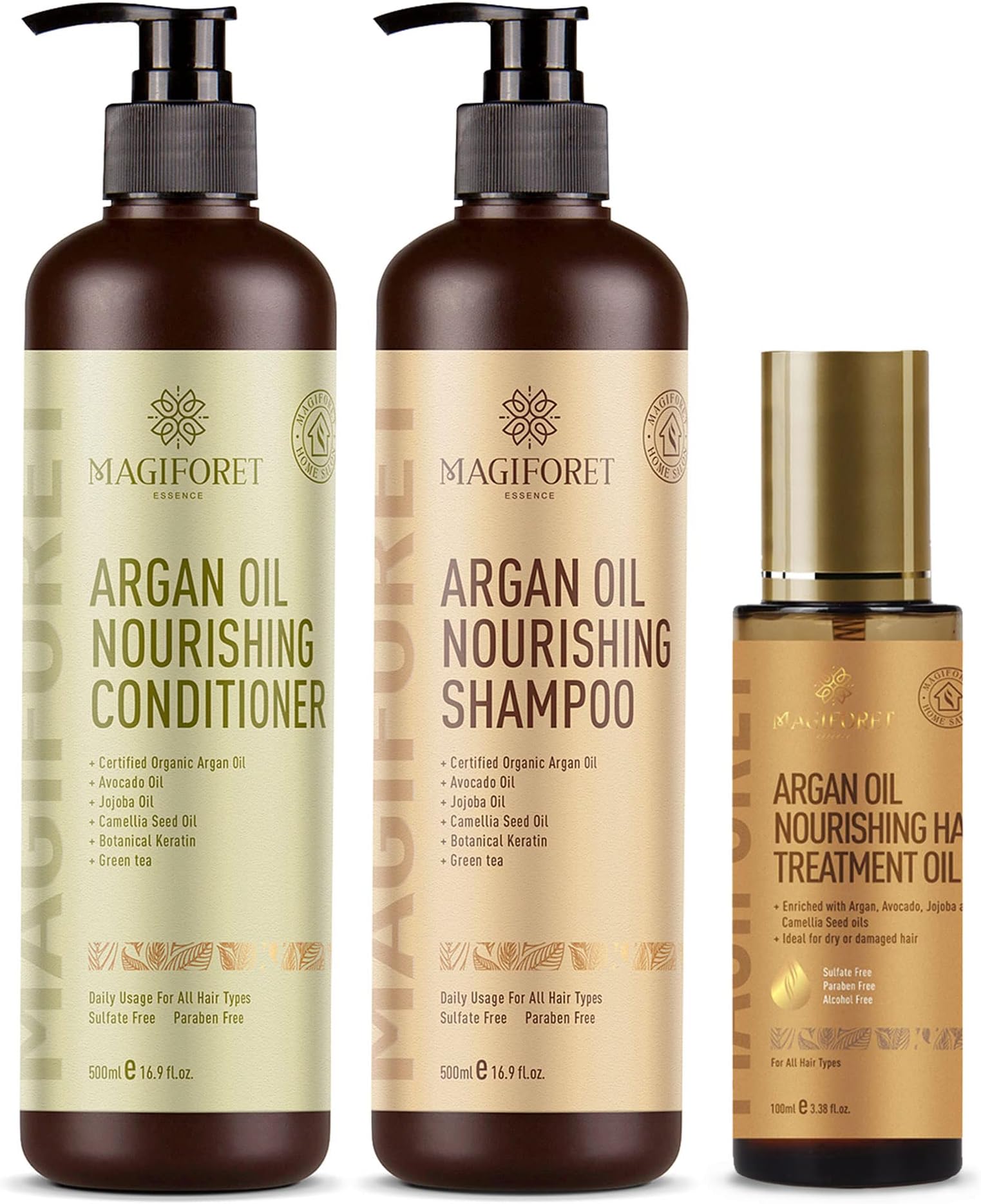 Argan Oil Nourishing Daily Care Set, Shampoo 500ml + Conditioner 500ml + Hair Serum 100ml, Sulfate Free Paraben Free, Soft & Smooth, Gentle on Frizz, Curly & Color Treated Hair