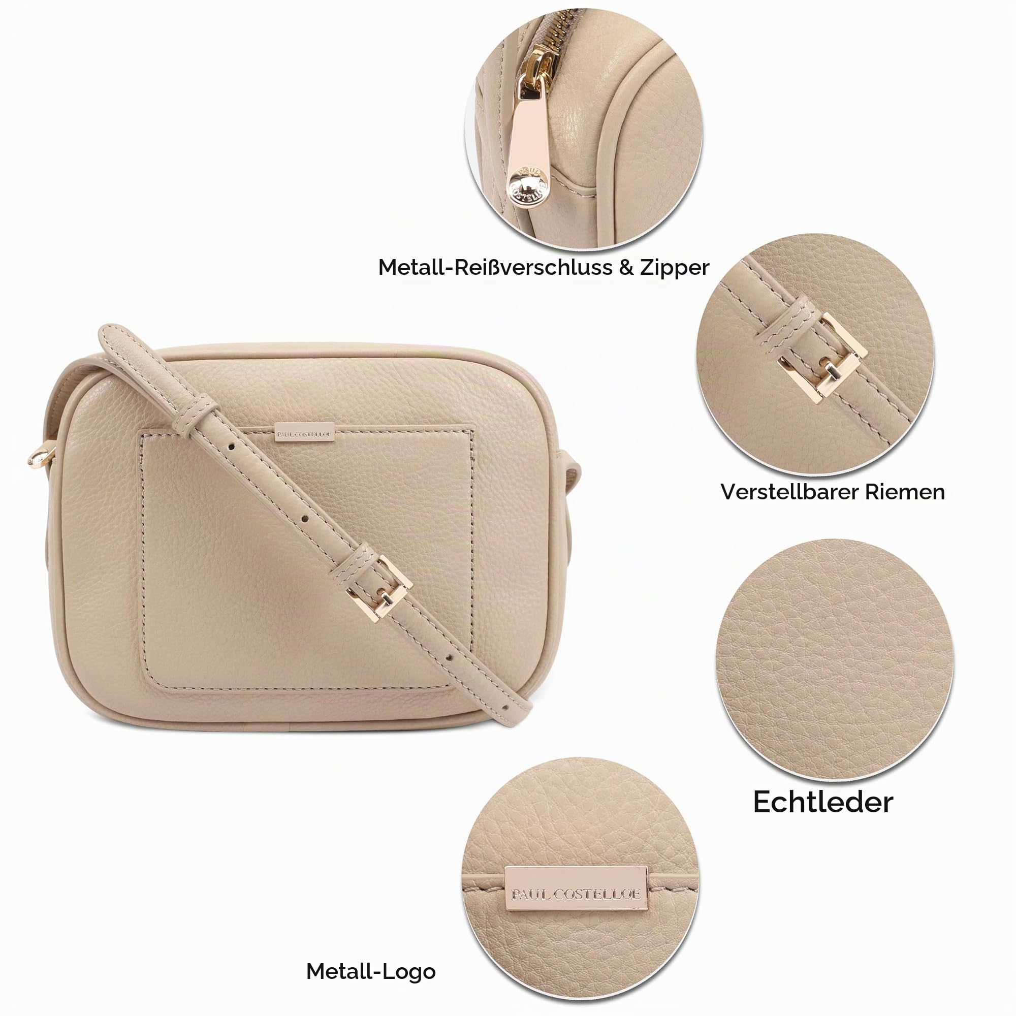 PAUL COSTELLOE Sazava Umhängetasche aus echtem Leder mit verstellbarem Riemen und goldfarbenen Metallteilen – stilvoll und vielseitig über der Schultertasche für Damen