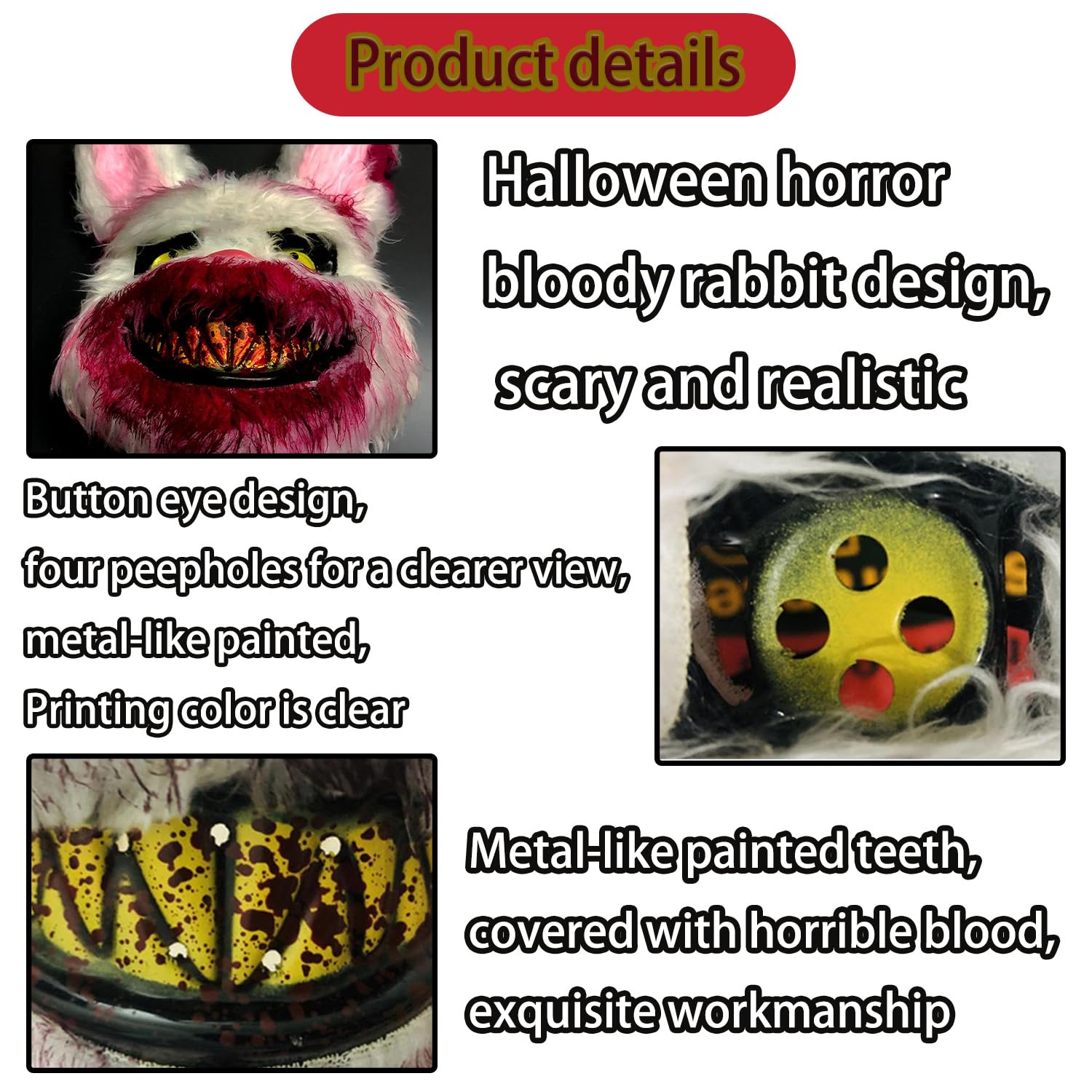 Masque de Lapin Sanglant Horreur pour Enfant Adulte, pour Halloween Carnaval Cosplay Mascarade en Peluche
