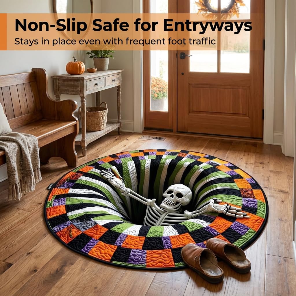 TFixol Okrągły dywan 3D Halloween z iluzją optyczną, szkielet 3D