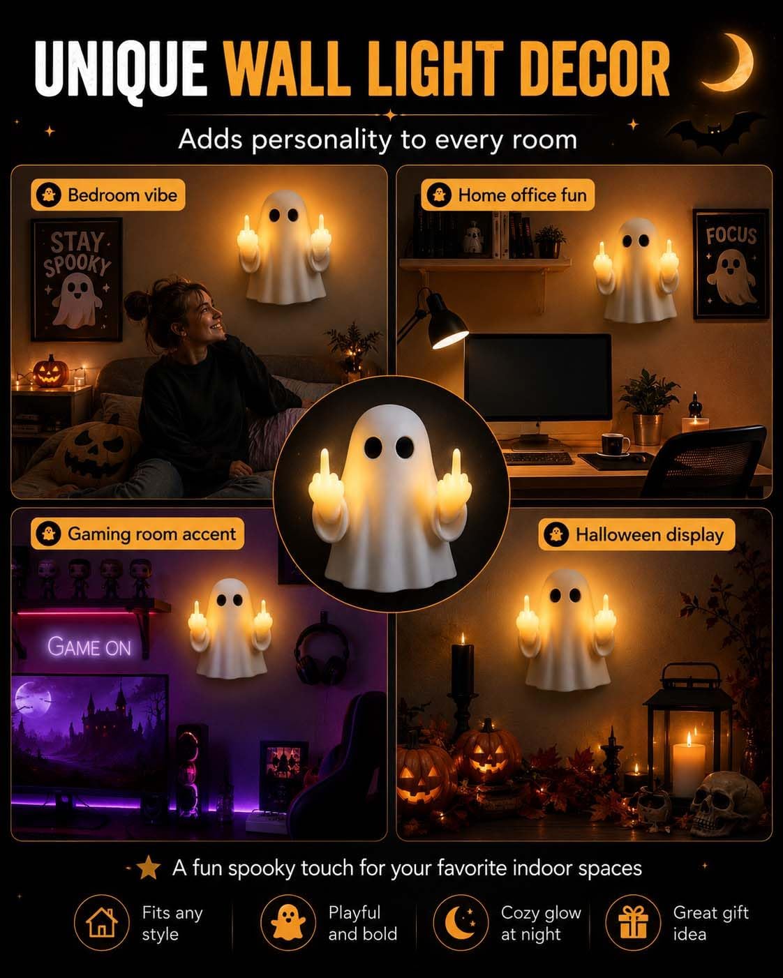 Leuchtender Geist mit Mittelfinger, Nachtlicht Halloween Geisterlampe, 3D Mittelfinger Niedliches Geister, Lustige Wandlampe Deko für Zuhause, Schlafzimmer, Streich Geschenke (2PCS)