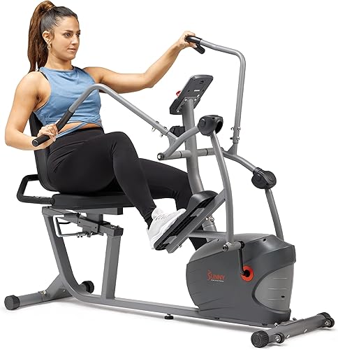 Sunny Health & Fitness Compact Performance Recumbent Bike with Dual Motion Arm Exercisers, Quick Adjust Seat & Optional Exclusive SunnyFit App