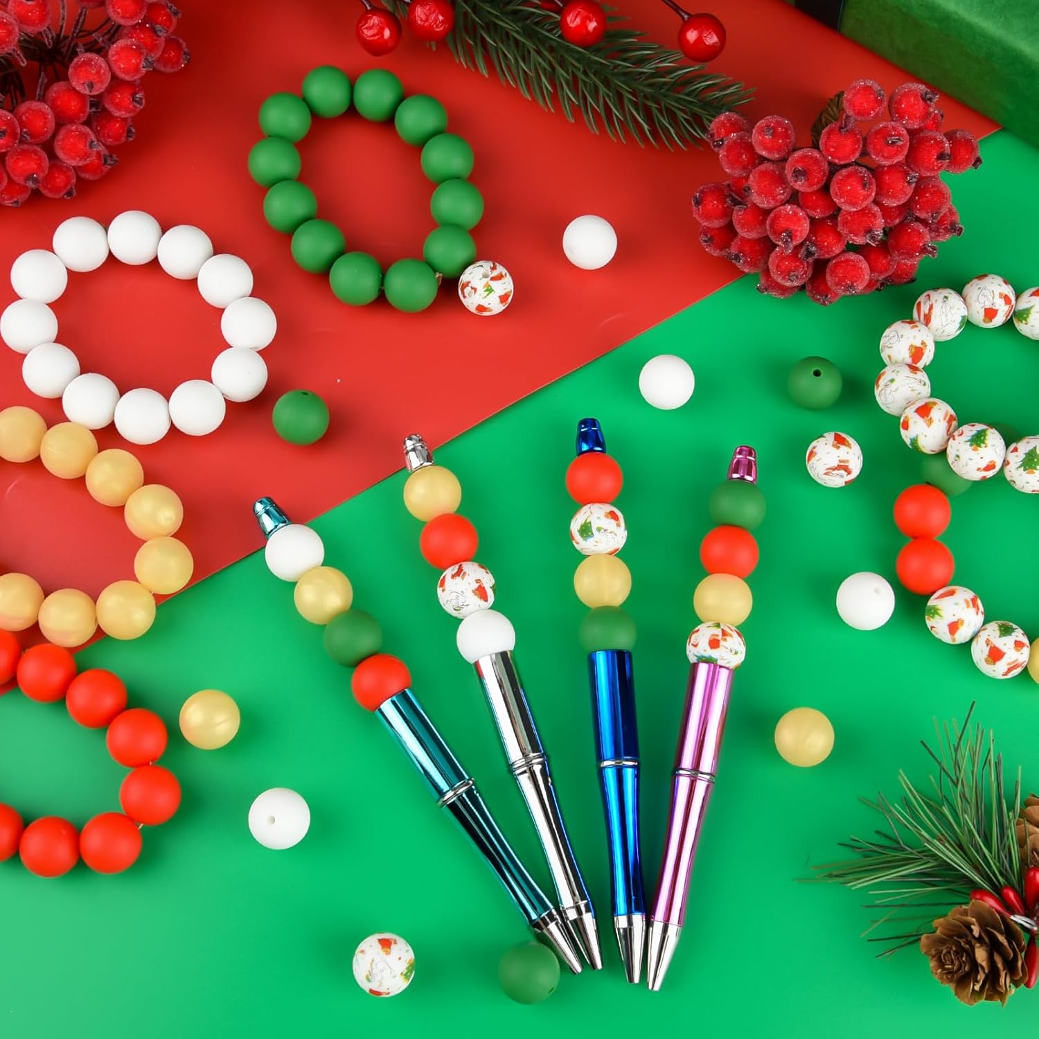 ASTARON 100 Pcs 15mm Silicone Beads for Keychain Making, Green Red Gold Round Beads Bulk for Christmas Bracelets Crafts Jewelry Making Supplies Christmas Gift Ideas Decorations - Image 6