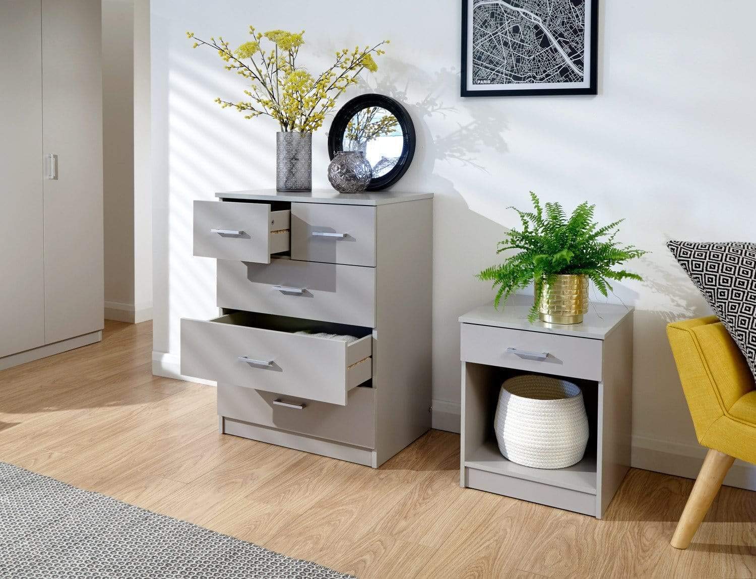GFW Panama Bedroom Sets With Wardrobe, Chest Of Drawers & Bedside Tables, Modern Wooden Matching Bedroom Furniture Storage Set, Light Grey, 4 Piece Set - Image 6