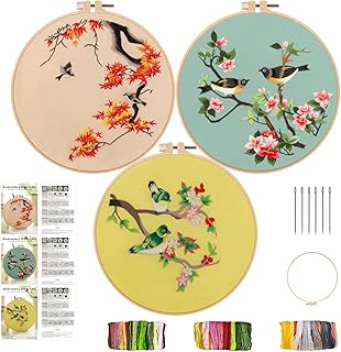 3 Sets Embroidery Kit for Beginners Adults, Fabric Cross Stitch Kits with Bird Pattern, Stamped Embroidery Starter Kits with Embroidery Clothes Embroidery Hoop Threads Needles