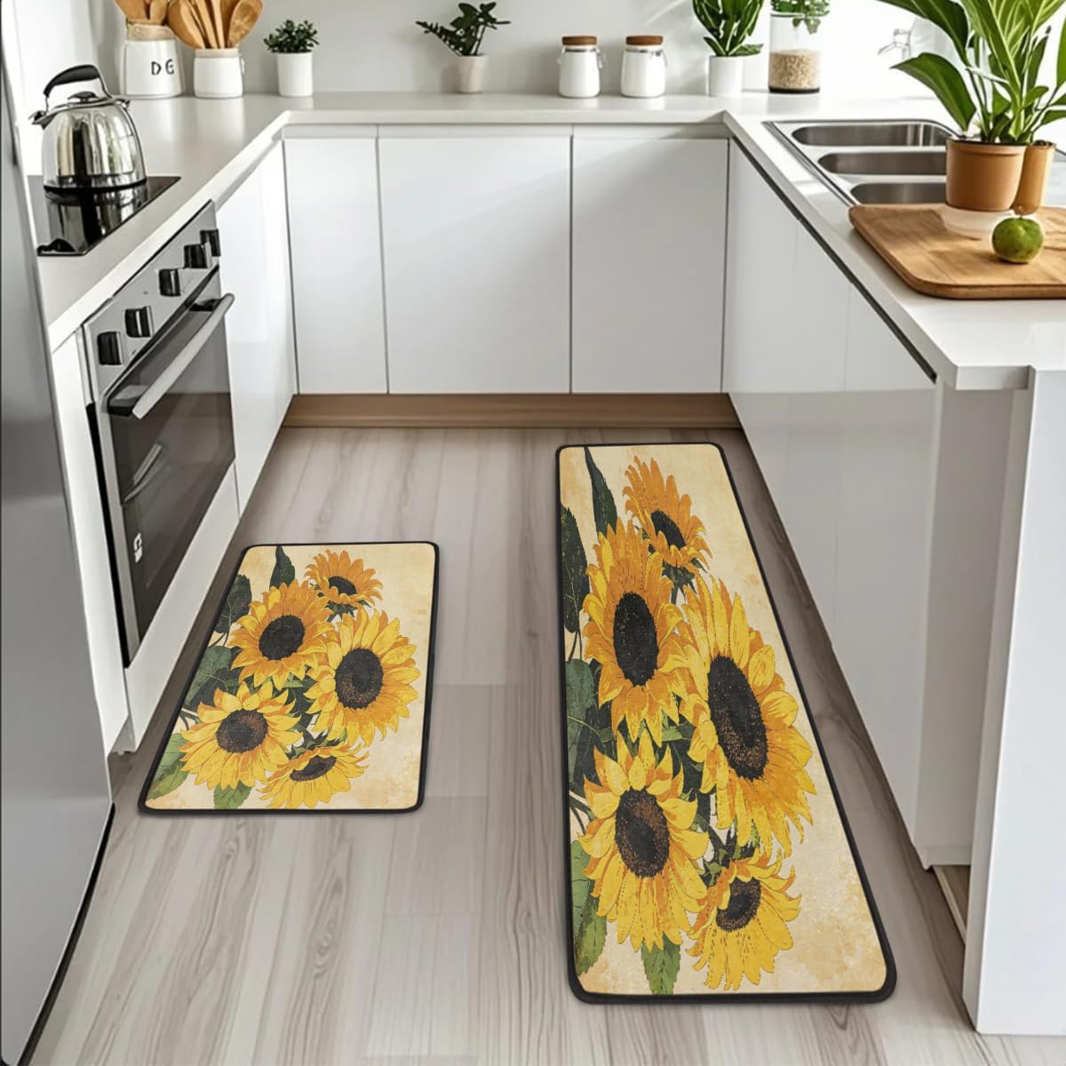 Anti Fatigue Sunflower Art Kitchen Mats for Floor 2 Piece Set, Waterproof Non Slip Boho Kitchen Floor Rugs, Comfort Standing Mat for Sink Laundry & Home Kitchen 17"x47"+17"x29"