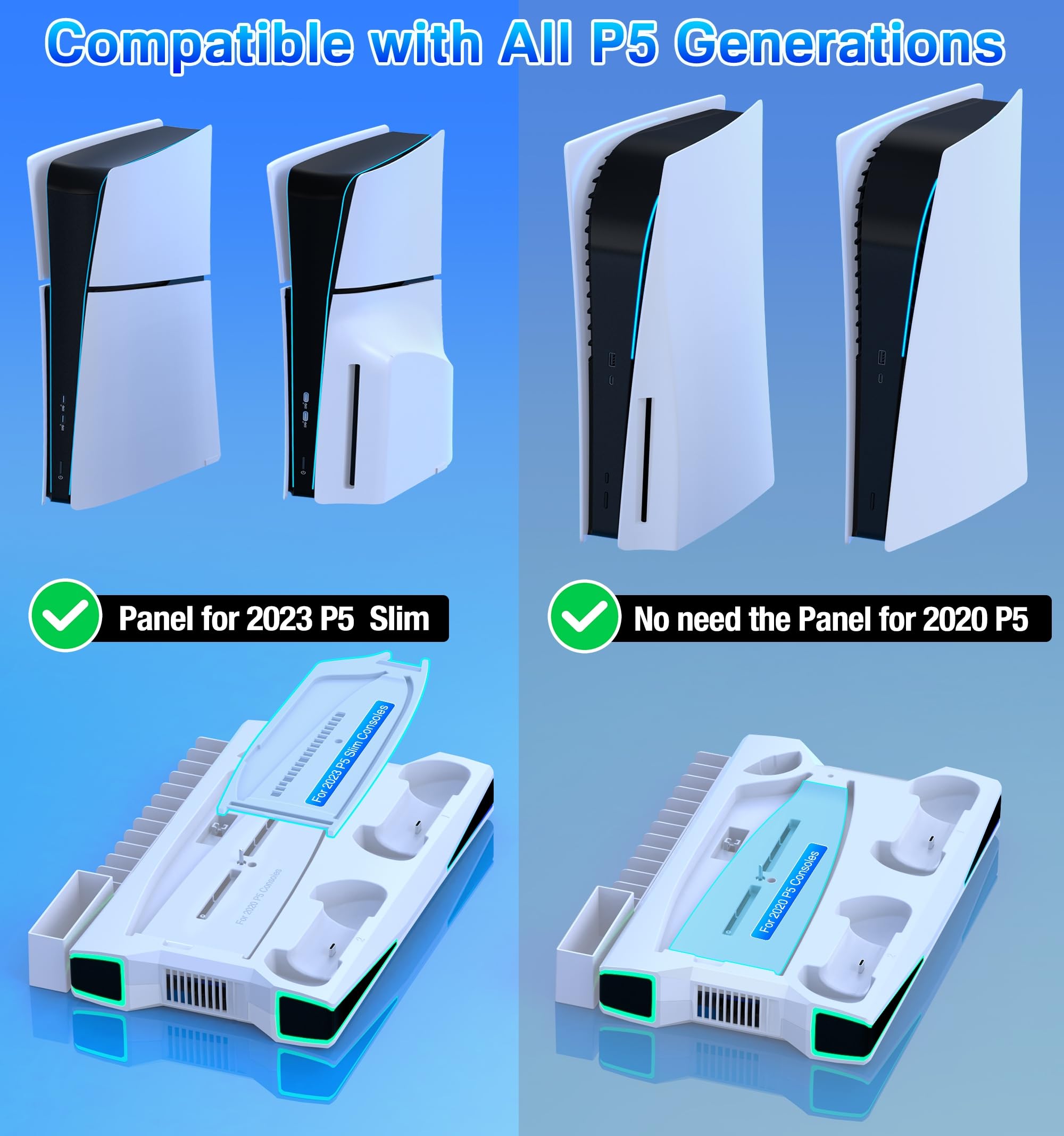 PS5 Ständer mit Automatisch Einstellbarer 3-Stufen-Lüfter für PS5 Controller Ladestation/Kopfhörerhaken, PS5 Slim Standfuß Zubehör mit RGB-Lichteffekte für PS5 Slim Disc & Digital Konsole, Weiß