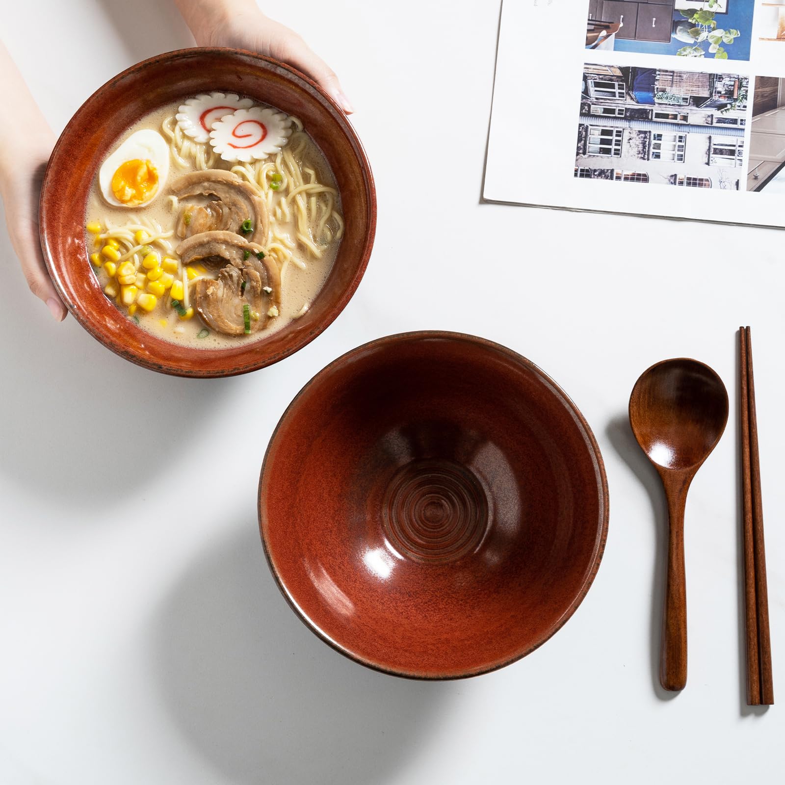 Zhonleemy Ceramic Ramen Bowl Set of 2 Large Salad Soup Ramen Serving Bowls with Spoons Chopsticks 8 Inch