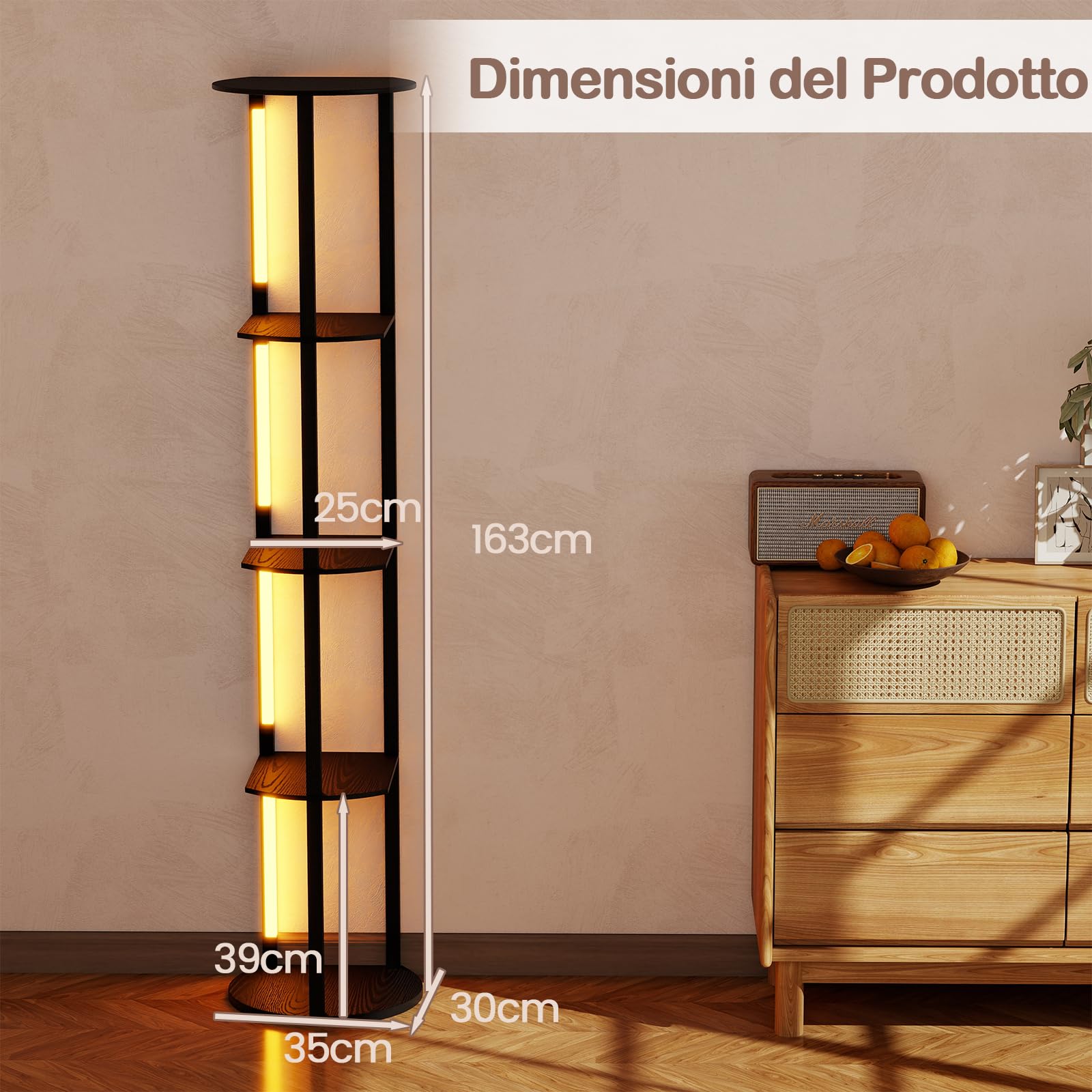 RELAX4LIFE Lampada da Terra con Scaffali a 4 Ripiani, Strisce LED Ruotabili, Luminosità Regolabile e Interruttore a Pedale, Lampada per Soggiorno, Ufficio e Camera (30 x 35 x 163 cm, Strisce LED)