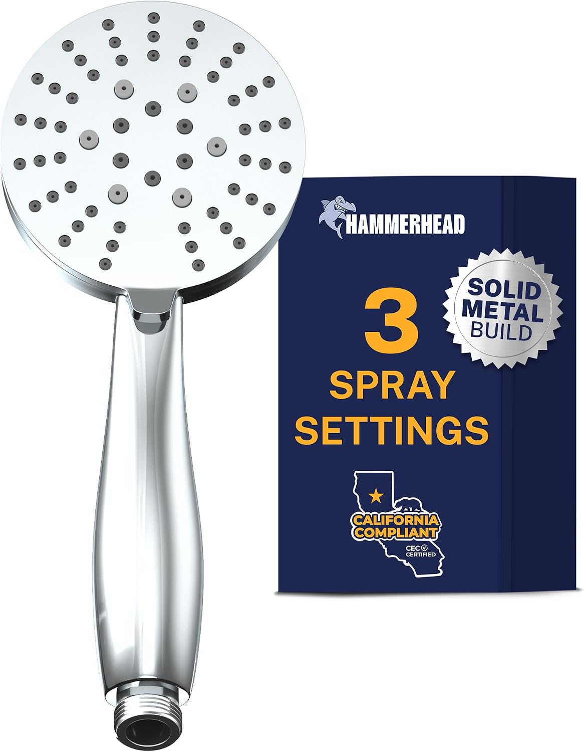 HammerHead Showers® Solid METAL 3-Spray Hand Held Shower Head, Chrome | Select from Wide, Massage, and Mist Sprays | 1.75 GPM Low Flow Handheld Showerhead | Made from 304 Stainless Steel