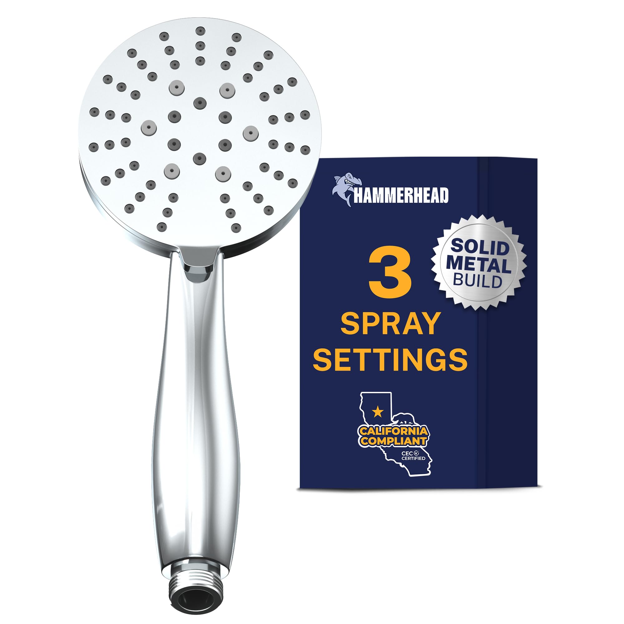 Hammerhead Showers Chrome Hammerhead Showers® Solid Metal 3-Spray Hand Held Shower Head, | Select From Wide, Massage, And Mist Sprays | 1.75 Gpm Low Flow Handheld Showerhead | Made From 304 Stainless Steel