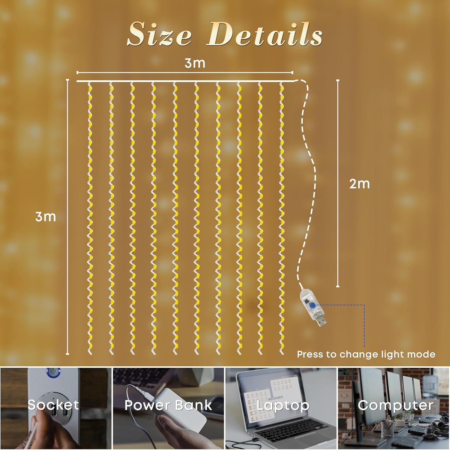 Diagram showing the 3x3 meter dimensions of the LQWELL LED Curtain Light and various USB power sources.